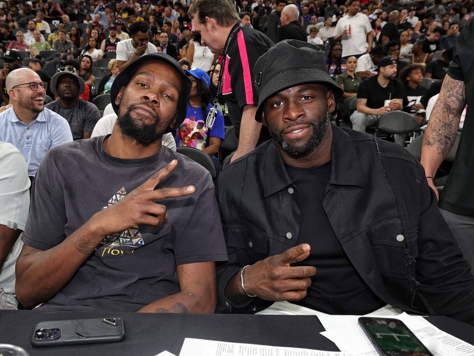 LAS VEGAS, NV - AUGUST 7: Draymond Green #23 of the Golden State Warriors and Kevin Durant #35 of the Phoenix Suns pose for a photo during the 2023 FIBA World Cup exhibition game between the Senior Men's National Team and the Puerto Rican National Team on August 7, 2023 at the T-Mobile Arena in Las Vegas, Nevada. NOTE TO USER: User expressly acknowledges and agrees that, by downloading and or using this photograph, User is consenting to the terms and conditions of the Getty Images License Agreement. Mandatory Copyright Notice: Copyright 2023 NBAE (Photo by Jim Poorten/NBAE via Getty Images)