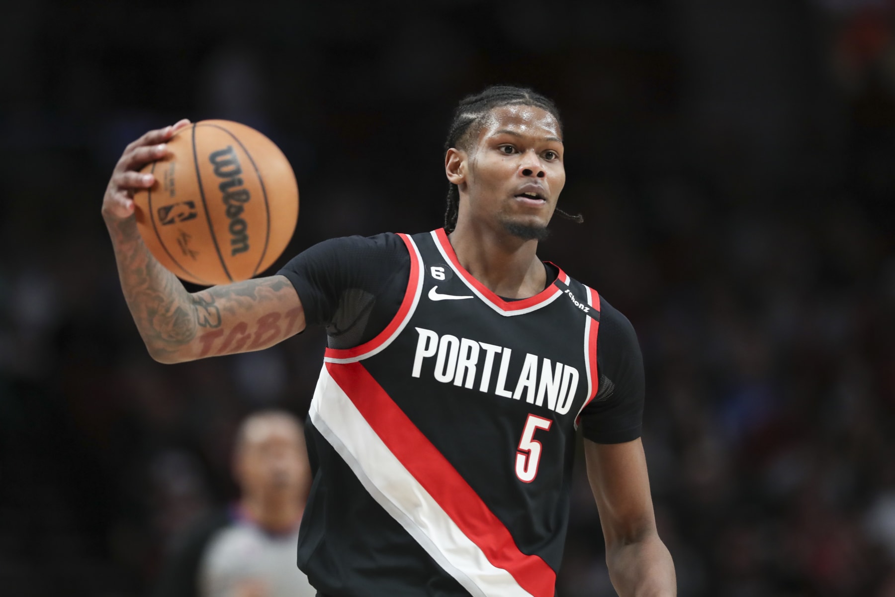 PORTLAND, OREGON - FEBRUARY 10: Cam Reddish #5 of the Portland Trail Blazers plays against the Oklahoma City Thunder during the first quarter at Moda Center on February 10, 2023 in Portland, Oregon. NOTE TO USER: User expressly acknowledges and agrees that, by downloading and or using this photograph, user is consenting to the terms and conditions of the Getty Images License Agreement. (Photo by Amanda Loman/Getty Images)