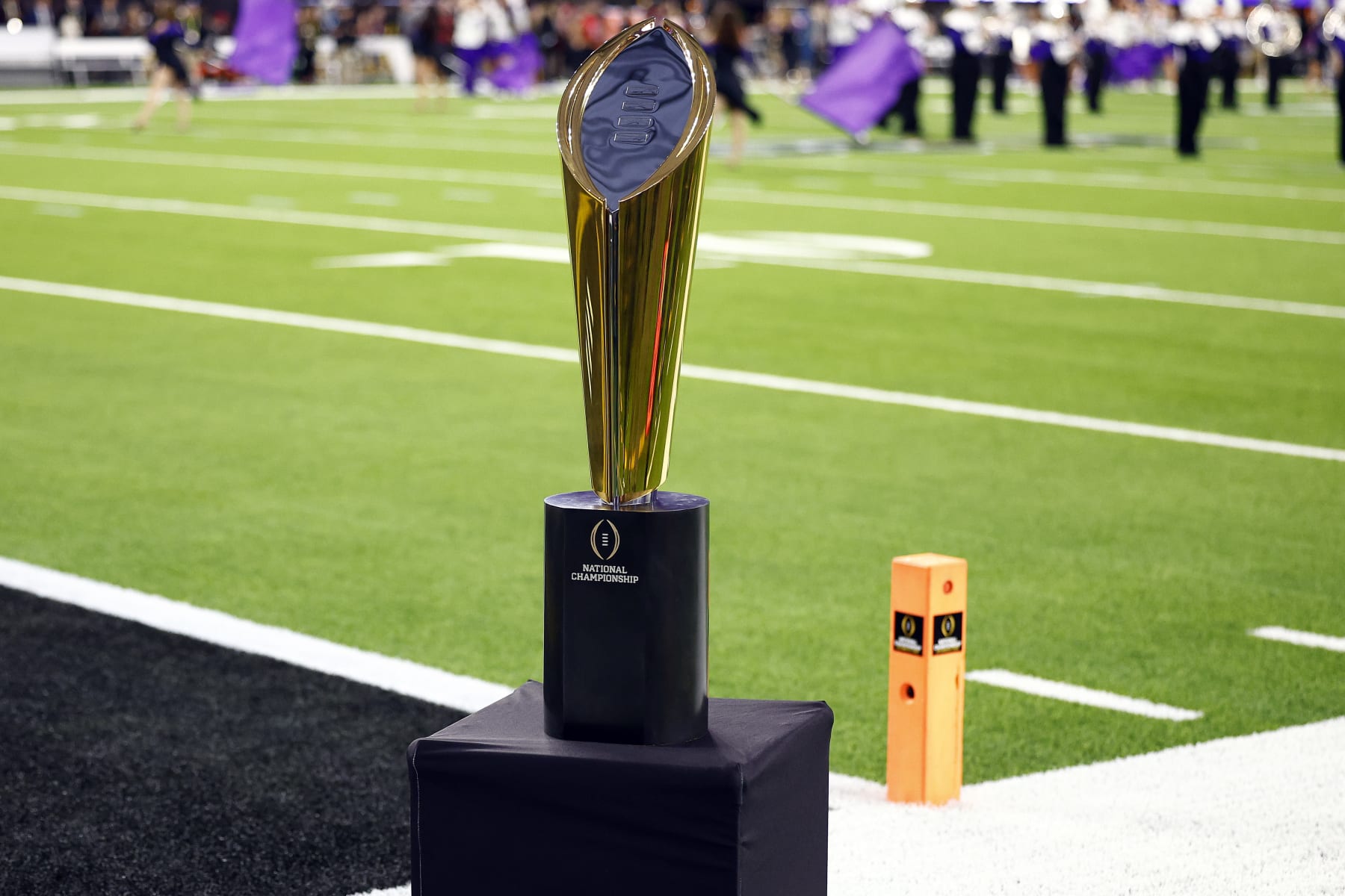 INGLEWOOD, CALIFORNIA - JANUARY 09: The College Football Playoff National Championship trophy is displayed on the field before the College Football Playoff National Championship game between the Georgia Bulldogs and the TCU Horned Frogs at SoFi Stadium on January 09, 2023 in Inglewood, California. (Photo by Ronald Martinez/Getty Images)