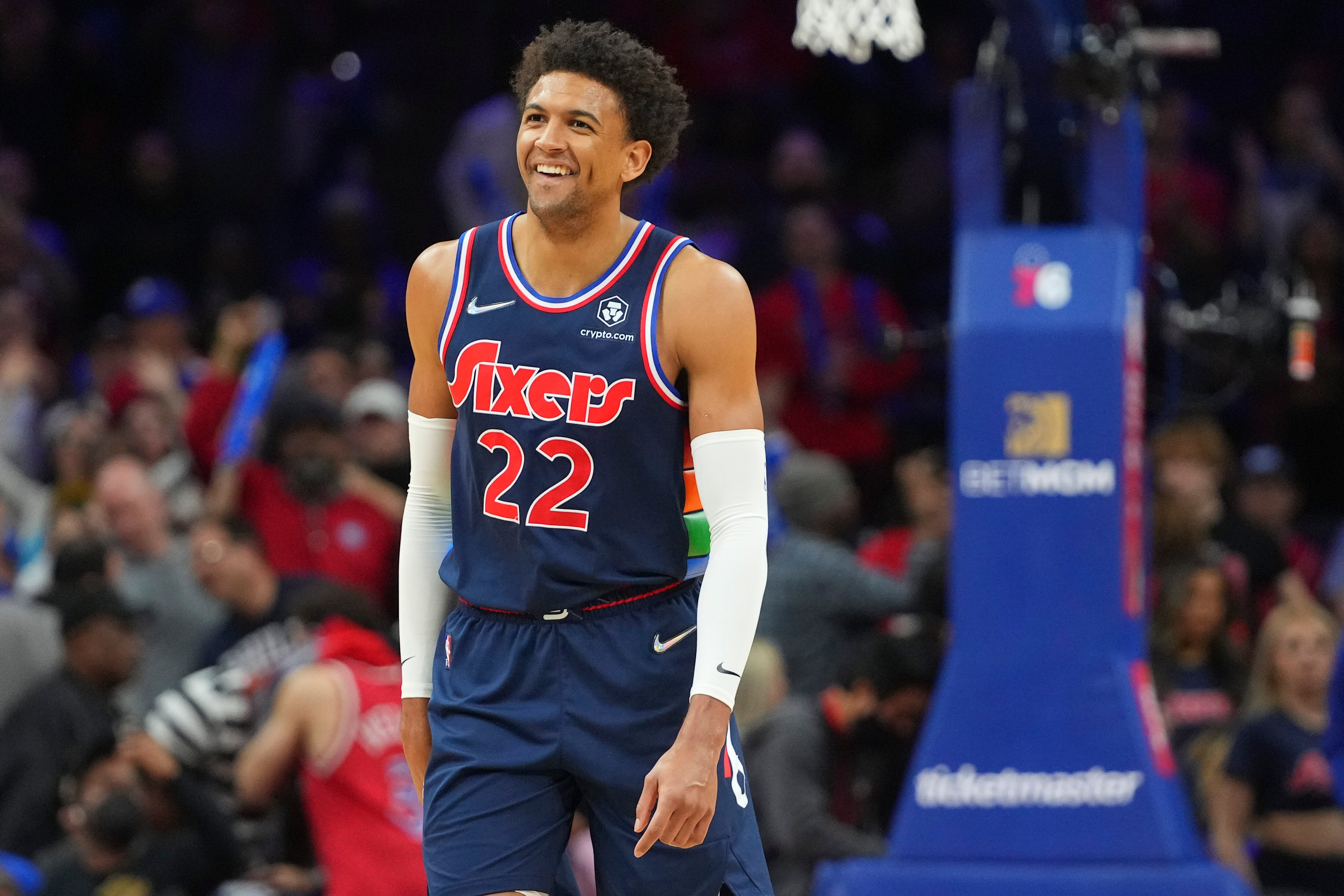 PHILADELPHIA, PA - MARCH 07: Matisse Thybulle #22 of the Philadelphia 76ers reacts against the Chicago Bulls at the Wells Fargo Center on March 7, 2022 in Philadelphia, Pennsylvania. The 76ers defeated the Bulls 121-106. NOTE TO USER: User expressly acknowledges and agrees that, by downloading and or using this photograph, User is consenting to the terms and conditions of the Getty Images License Agreement. (Photo by Mitchell Leff/Getty Images)
