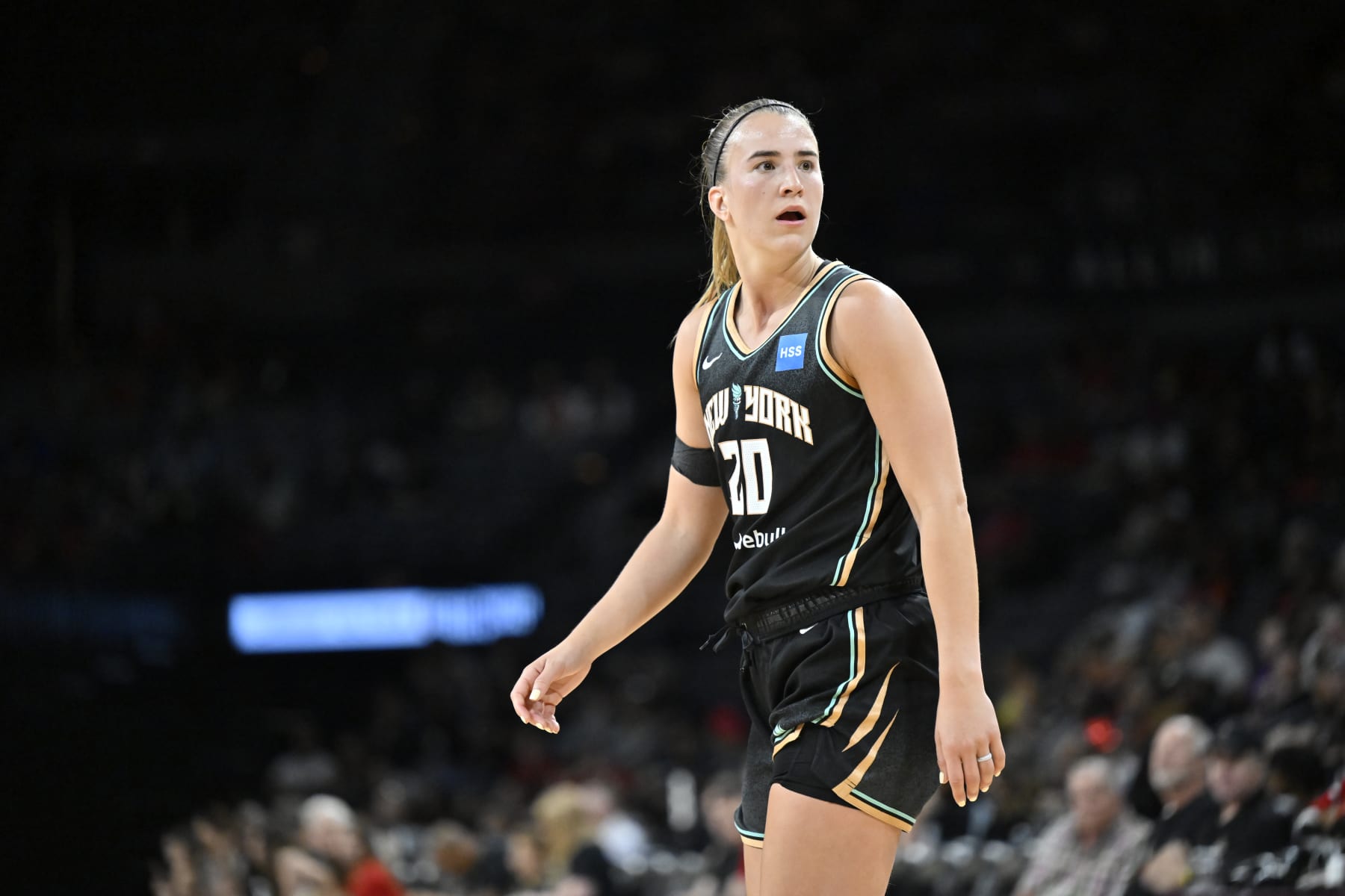 LAS VEGAS, NV - MAY 13:  Sabrina Ionescu #20 of the New York Liberty looks on during the game against the Las Vegas Aceson May 13, 2023 at the Michelob Ultra Arena in Las Vegas, Nevada. NOTE TO USER: User expressly acknowledges and agrees that, by downloading and or using this photograph, User is consenting to the terms and conditions of the Getty Images License Agreement. Mandatory Copyright Notice: Copyright 2023 NBAE (Photo by David Becker/NBAE via Getty Images)