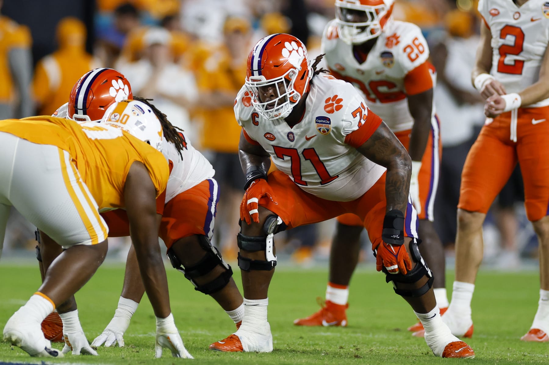 MIAMI GARDENS, FL - DECEMBER 30: Clemson Tigers offensive lineman Jordan McFadden (71) lines up for a play during the Capital One Orange Bowl between the Tennessee Volunteers and the Clemson Tigers on December 30, 2022 at Hard Rock Stadium in Miami Gardens, Fl. (Photo by David Rosenblum/Icon Sportswire via Getty Images)
