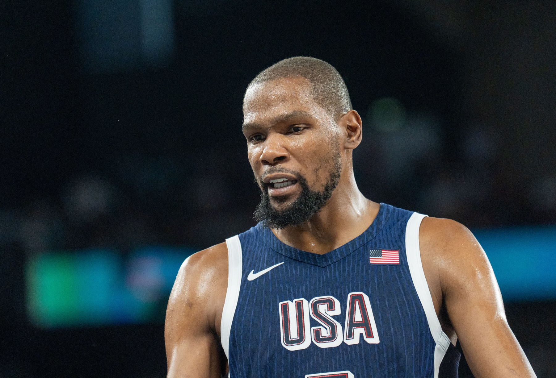 PARIS, FRANCE - AUGUST 10: Kevin Durant of US in action during Men's Gold Medal game between Team France and Team United States on day fifteen of the Olympic Games Paris 2024 at Bercy Arena on August 10, 2024 in Paris, France. (Photo by Aytac Unal/Anadolu via Getty Images)