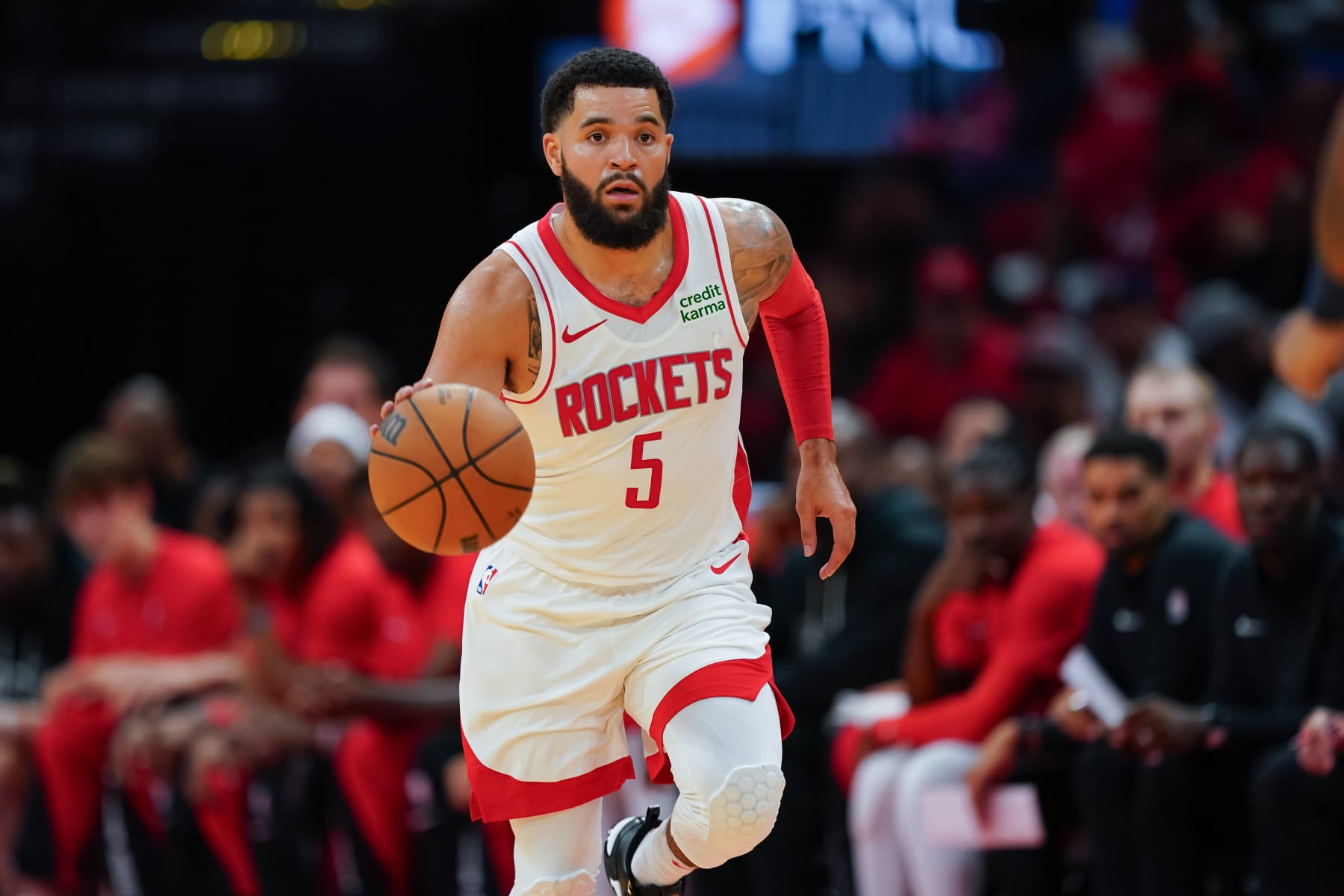 HOUSTON, TEXAS - OCTOBER 10: Fred VanVleet #5 of the Houston Rockets dribbles the ball during the preseason game against the Indiana Pacers at Toyota Center on October 10, 2023 in Houston, Texas. NOTE TO USER: User expressly acknowledges and agrees that, by downloading and or using this photograph, User is consenting to the terms and conditions of the Getty Images License Agreement. (Photo by Alex Bierens de Haan/Getty Images)