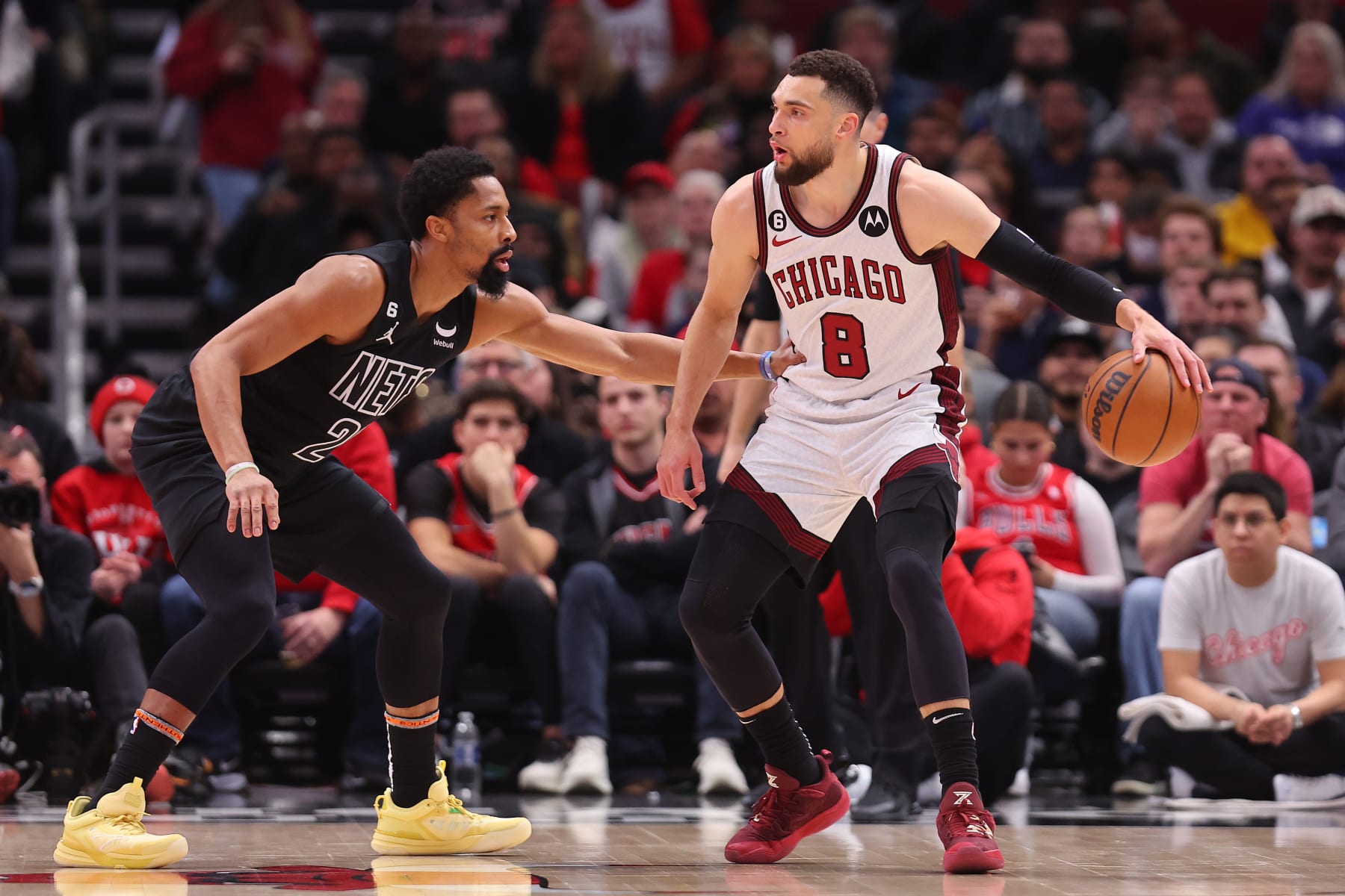 CHICAGO, ILLINOIS - FEBRUARY 24: Zach LaVine #8 of the Chicago Bulls is defended by Spencer Dinwiddie #26 of the Brooklyn Nets during the first half at United Center on February 24, 2023 in Chicago, Illinois. NOTE TO USER: User expressly acknowledges and agrees that, by downloading and or using this photograph, User is consenting to the terms and conditions of the Getty Images License Agreement.  (Photo by Michael Reaves/Getty Images)