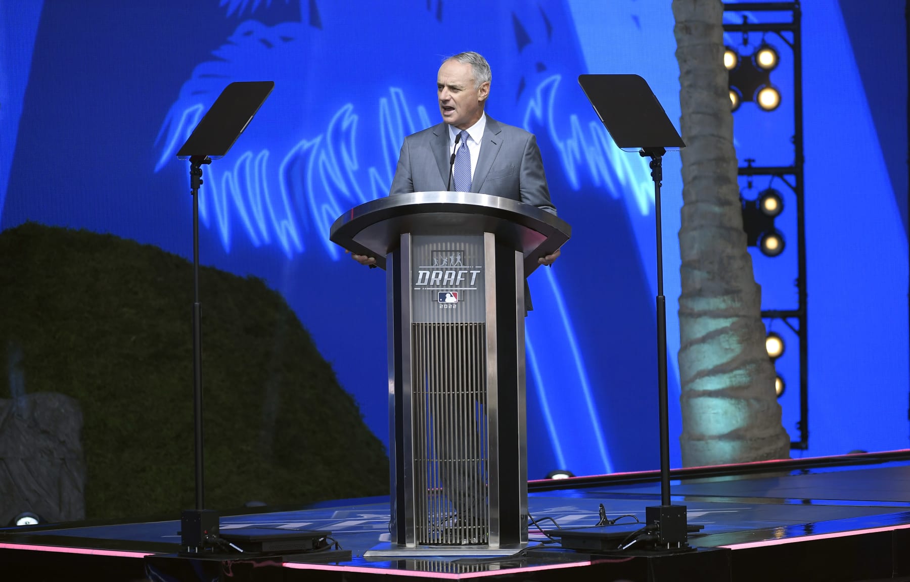 LOS ANGELES, CA - JULY 17: Robert Manfred, commissioner of Major League Baseball, opens the 2022 MLB Draft at XBOX Plaza on July 17, 2022 in Los Angeles, California. (Photo by Kevork Djansezian/Getty Images)