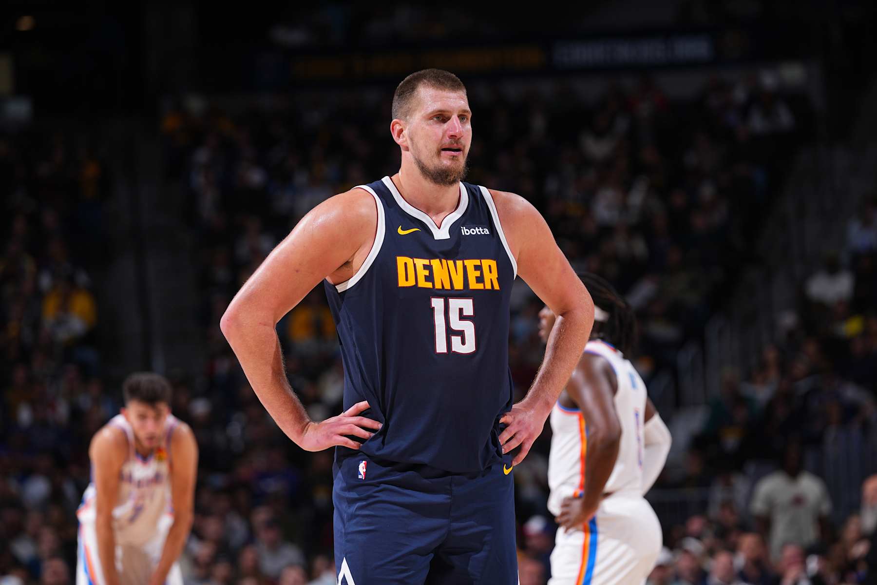 DENVER, CO - NOVEMBER 6: Nikola Jokic #15 of the Denver Nuggets during the game against the Oklahoma City Thunder during a regular season game on November 6, 2024 at Ball Arena in Denver, Colorado. NOTE TO USER: User expressly acknowledges and agrees that, by downloading and/or using this Photograph, user is consenting to the terms and conditions of the Getty Images License Agreement. Mandatory Copyright Notice: Copyright 2024 NBAE (Photo by Bart Young/NBAE via Getty Images)