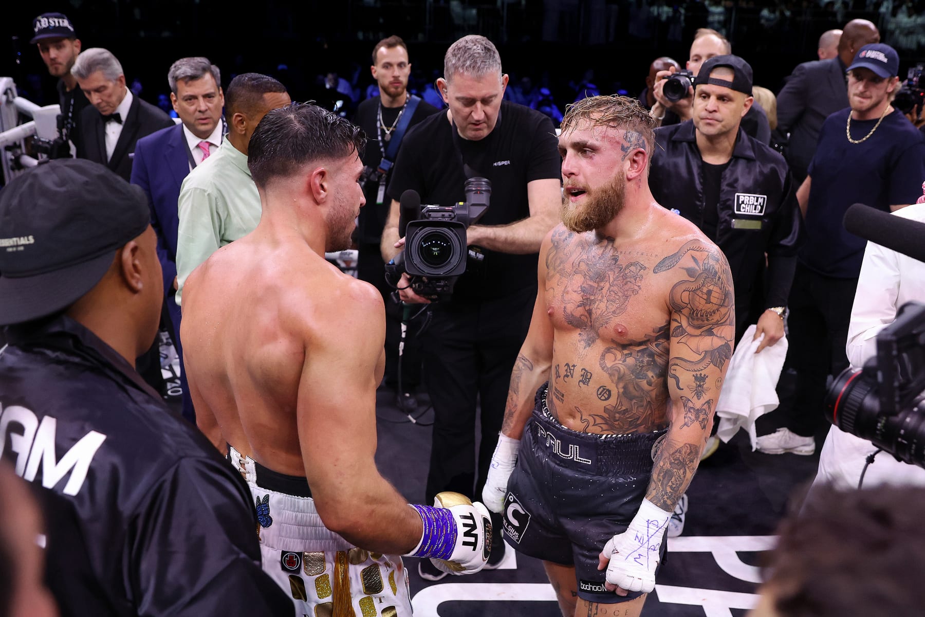 RIYADH, SAUDI ARABIA - FEBRUARY 26: Tommy Fury speaks with Jake Paul, after Tommy Fury defeats Jake Paul during the Cruiserweight Title fight between Jake Paul and Tommy Fury at the Diriyah Arena on February 26, 2023 in Riyadh, Saudi Arabia. (Photo by Francois Nel/Getty Images)