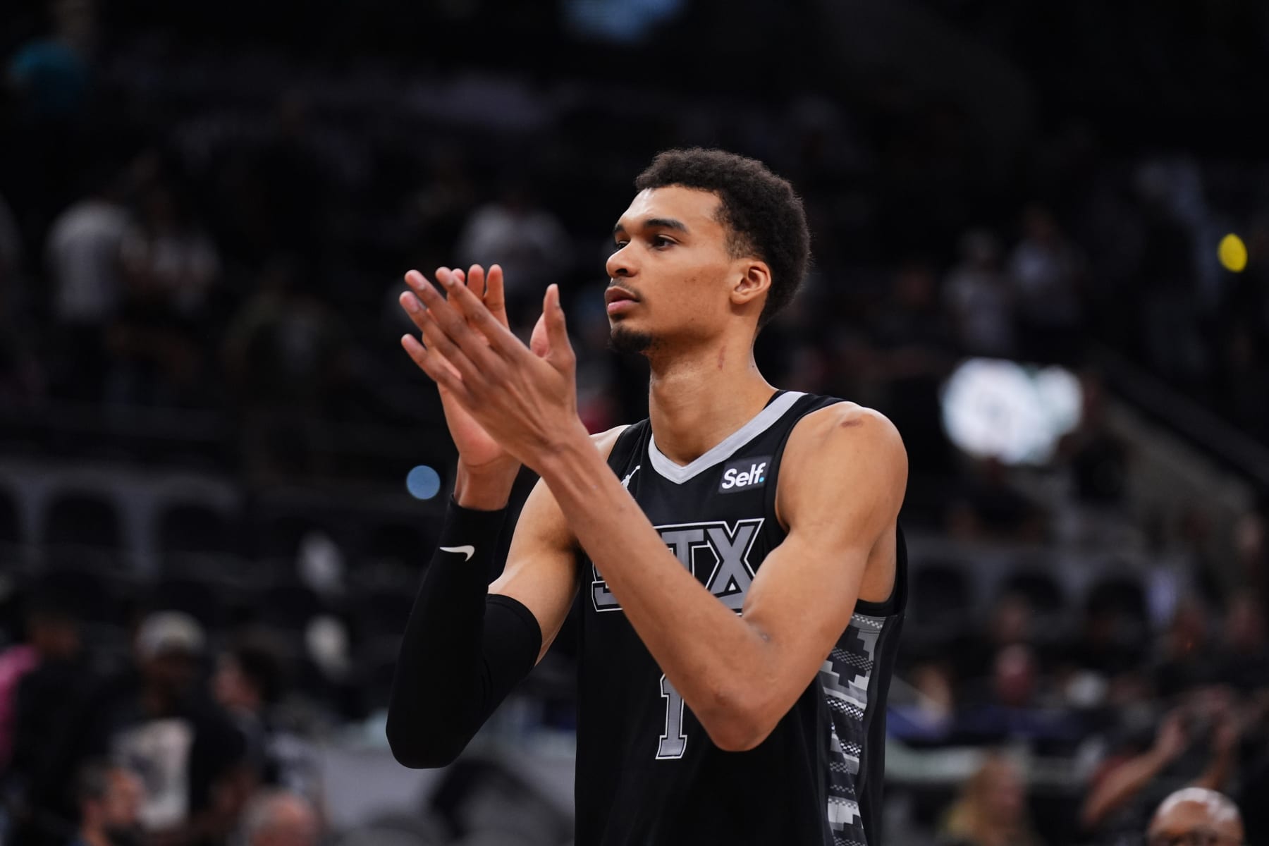 SAN ANTONIO, TX - MARCH 3: Victor Wembanyama #1 of the San Antonio Spurs looks on during the game against the Indiana Pacers on March 3, 2024 at the AT&T Center in San Antonio, Texas. NOTE TO USER: User expressly acknowledges and agrees that, by downloading and or using this photograph, user is consenting to the terms and conditions of the Getty Images License Agreement. Mandatory Copyright Notice: Copyright 2024 NBAE (Photos by Cooper Neill/NBAE via Getty Images)