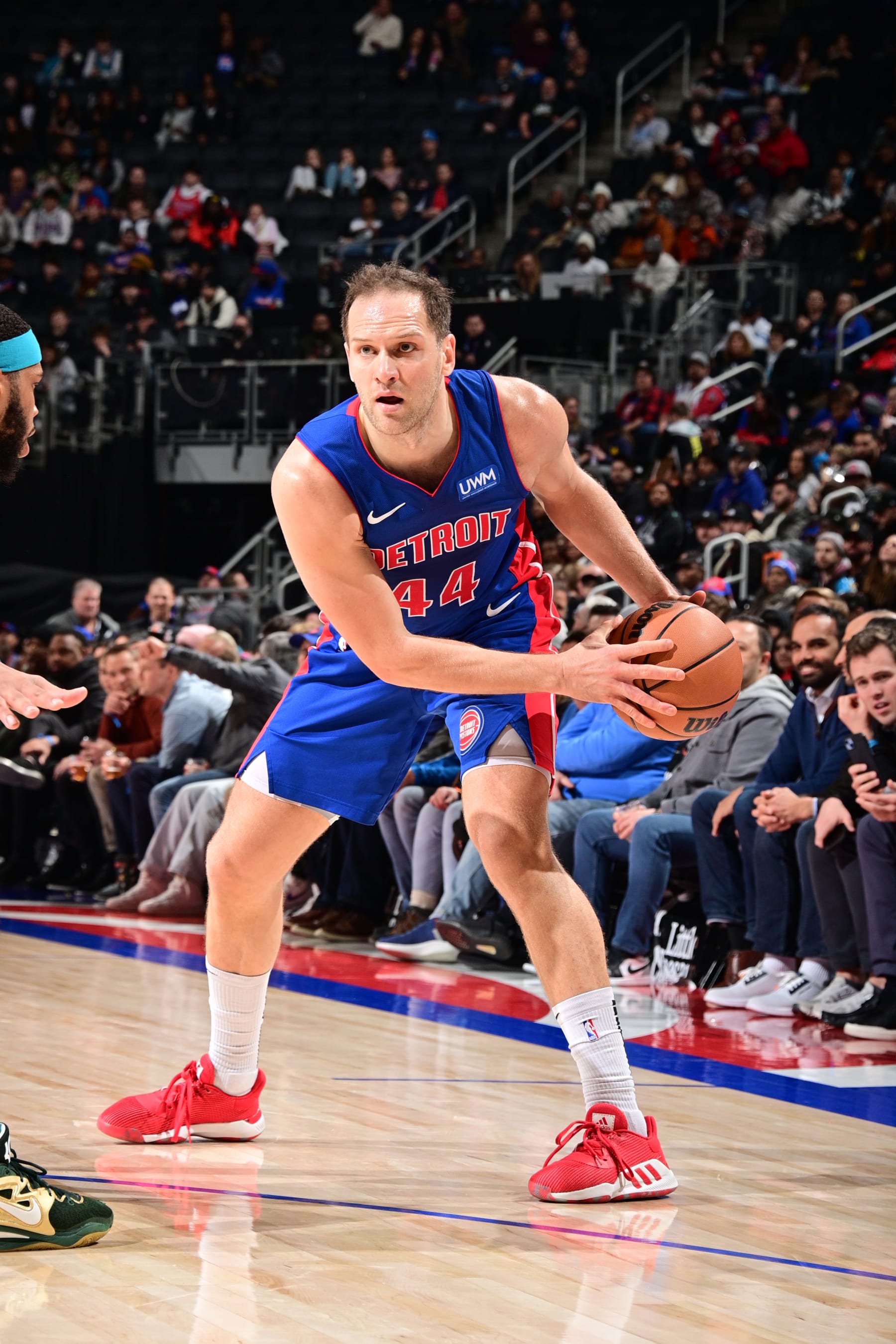 DETROIT, MI - JANUARY 24: Bojan Bogdanovic #44 of the Detroit Pistons handles the ball during the game against the Charlotte Hornets on January 24, 2024 at Little Caesars Arena in Detroit, Michigan. NOTE TO USER: User expressly acknowledges and agrees that, by downloading and/or using this photograph, User is consenting to the terms and conditions of the Getty Images License Agreement. Mandatory Copyright Notice: Copyright 2024 NBAE (Photo by Chris Schwegler/NBAE via Getty Images)