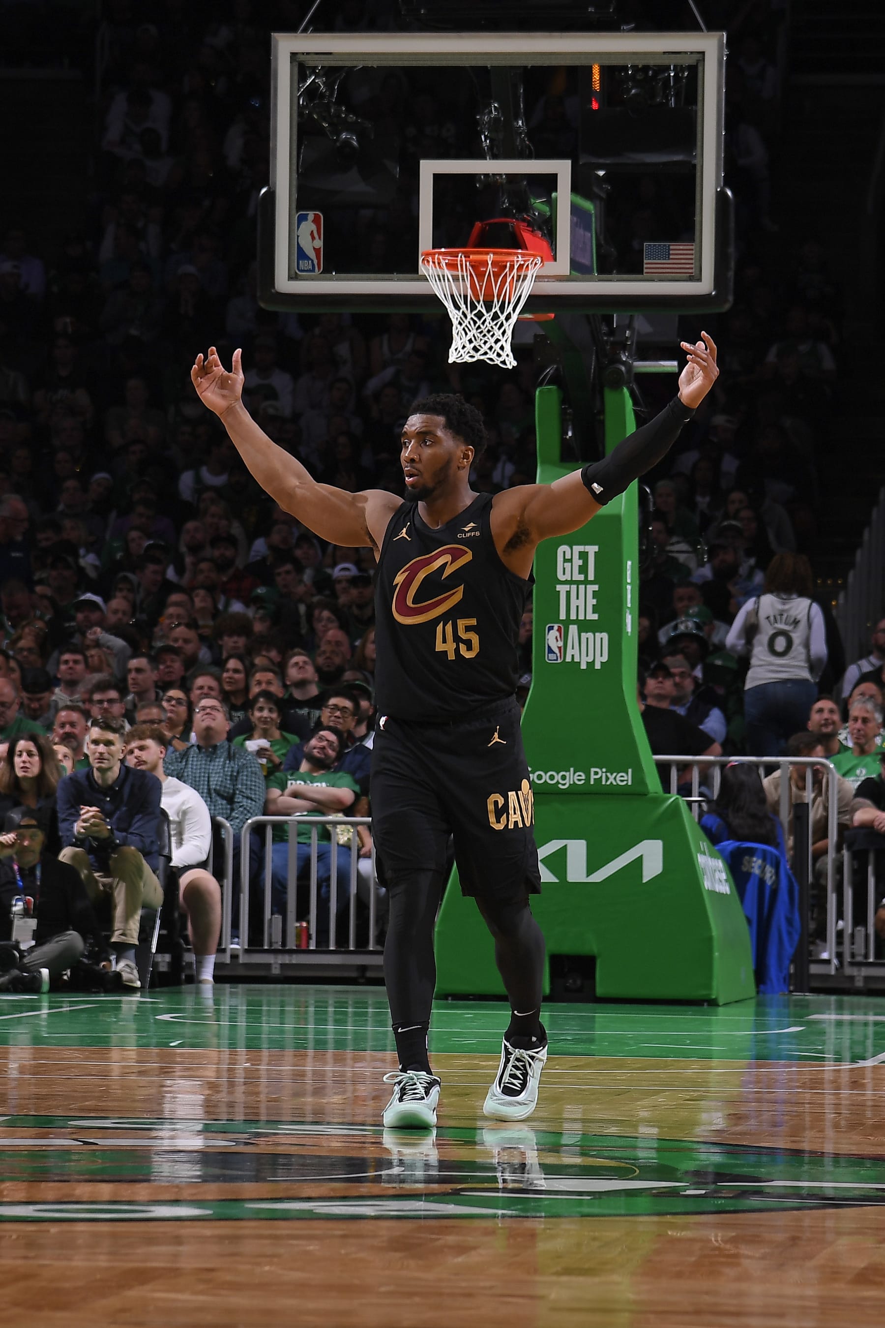 BOSTON, MA - MAY 9: Donovan Mitchell #45 of the Cleveland Cavaliers celebrates during the game against the Boston Celtics during Round 2 Game 2 of the 2024 NBA Playoffs on May 9, 2024 at the TD Garden in Boston, Massachusetts. NOTE TO USER: User expressly acknowledges and agrees that, by downloading and or using this photograph, User is consenting to the terms and conditions of the Getty Images License Agreement. Mandatory Copyright Notice: Copyright 2024 NBAE  (Photo by Brian Babineau/NBAE via Getty Images)