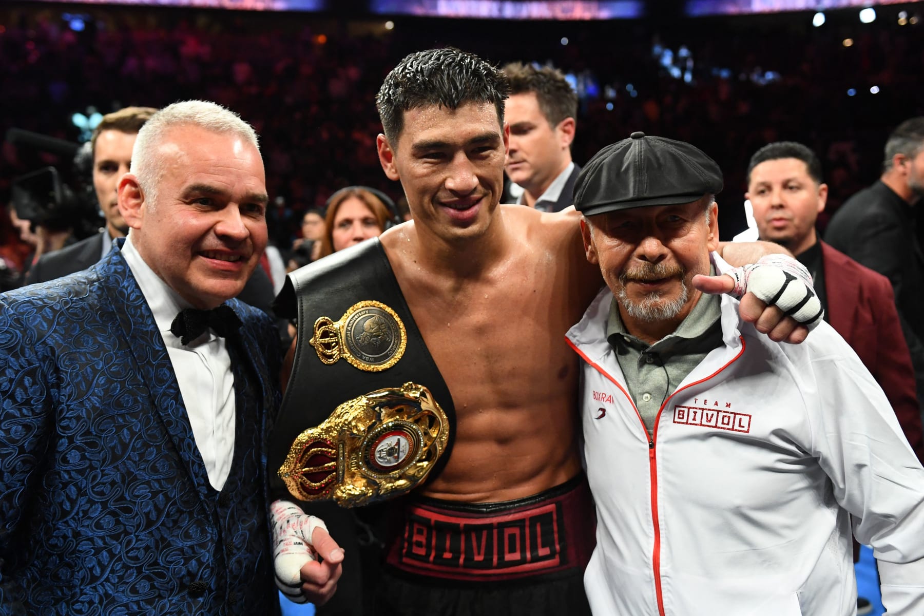 Russian boxer Dmitry Bivol celebrates after defeating Mexican boxer Canelo Alvarez during their light-heavyweight world title boxing match at T-Mobile Arena in Las Vegas, Nevada, May 7, 2022. (Photo by Patrick T. FALLON / AFP) (Photo by PATRICK T. FALLON/AFP via Getty Images)