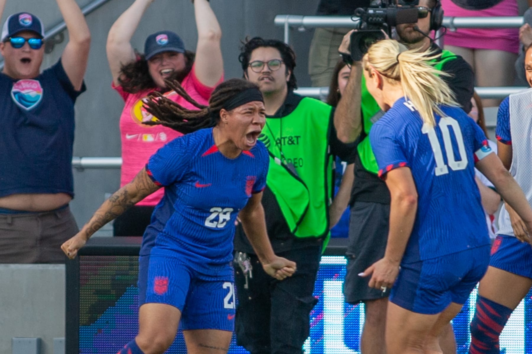 SAN DIEGO, CA - OCTOBER 29: SAN DIEGO, CA - OCTOBER 29: Mia Fishel #28 of the United States scores a goal and celebrates during an international friendly game between Colombia and USWNT at Snapdragon Stadium on October 29, 2023 in San Diego, California. (Photo by Michael Janosz/ISI Photos/Getty Images)