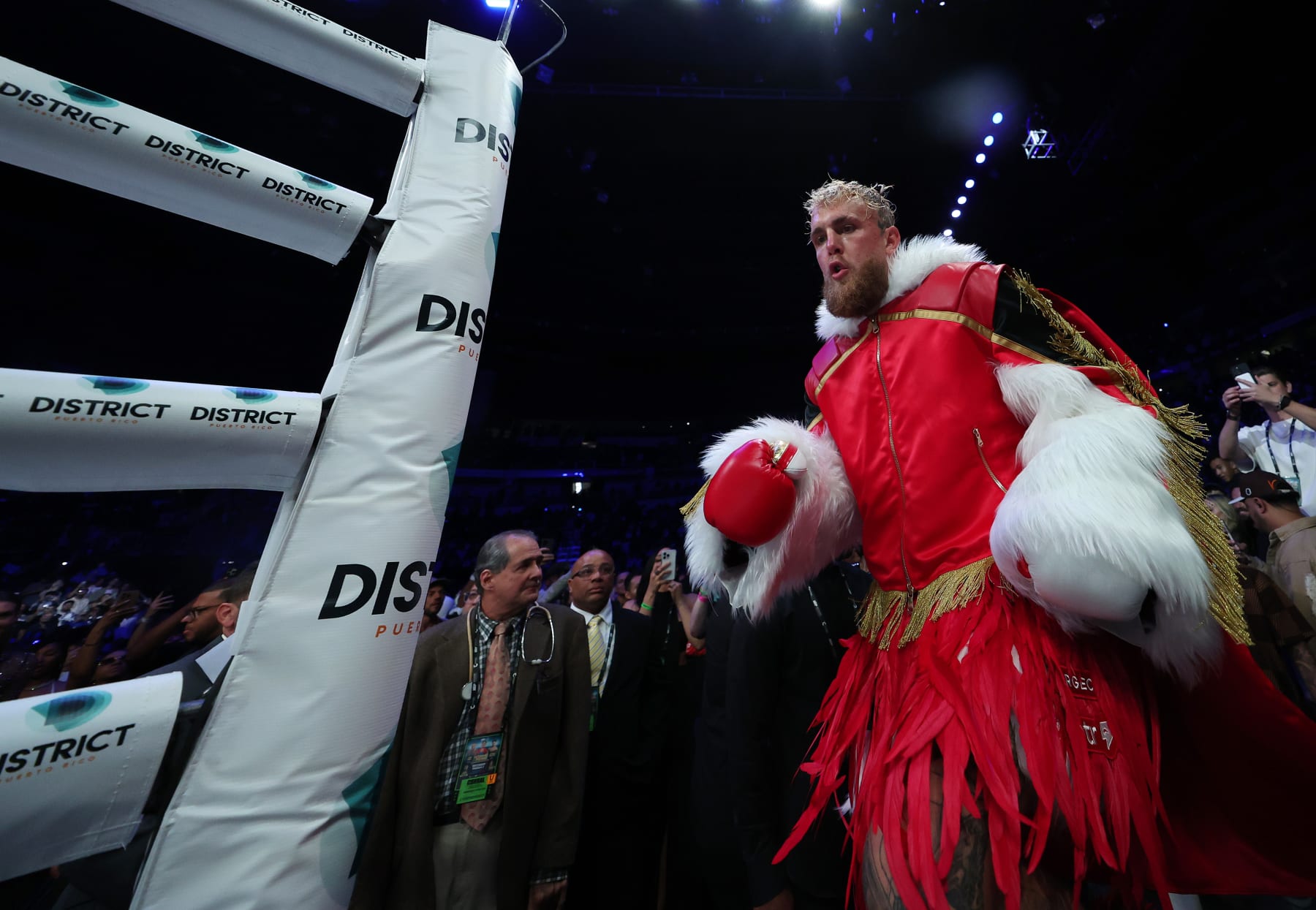 HATO REY, PUERTO RICO - MARCH 02:  Jake Paul enters the ring against Ryan Bourland before their cruiserweight fight at Coliseo de Puerto Rico on March 02, 2024 in Hato Rey, Puerto Rico.  (Photo by Al Bello/Getty Images)