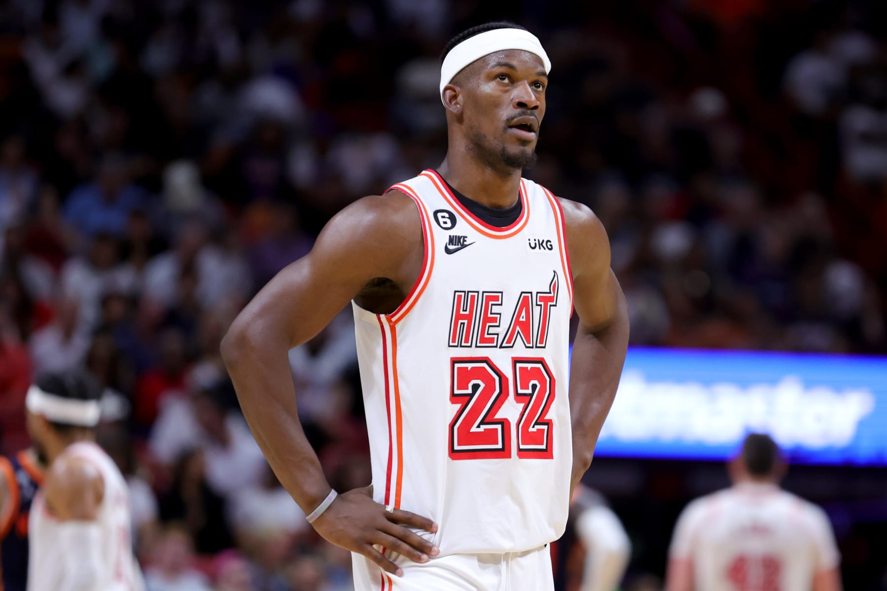 MIAMI, FLORIDA - MARCH 22: Jimmy Butler #22 of the Miami Heat looks on against the New York Knicks during the third quarter at Miami-Dade Arena on March 22, 2023 in Miami, Florida. NOTE TO USER: User expressly acknowledges and agrees that, by downloading and or using this photograph, User is consenting to the terms and conditions of the Getty Images License Agreement. (Photo by Megan Briggs/Getty Images)
