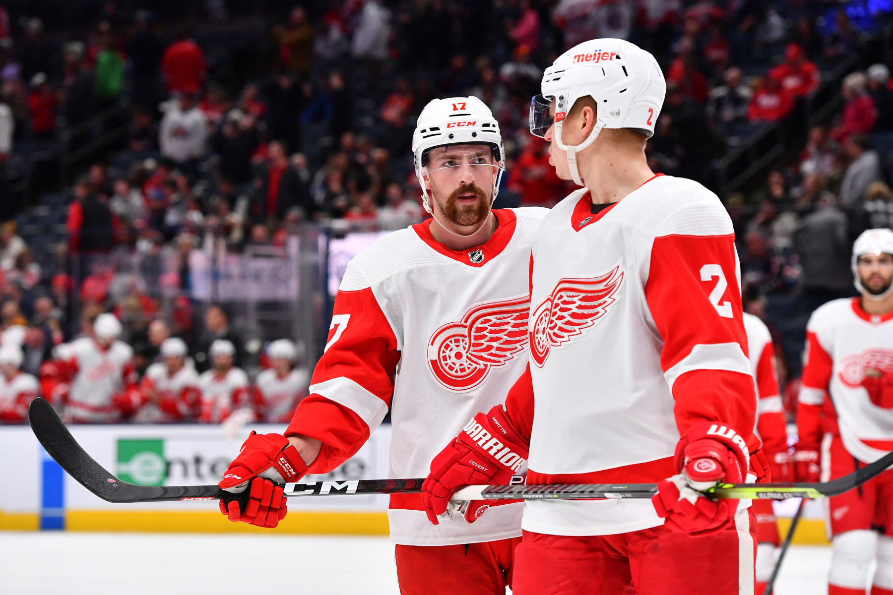 COLUMBUS, OHIO - NOVEMBER 19: Filip Hronek #17 of the Detroit Red Wings talks with teammate Olli Maatta #2 of the Detroit Red Wings during the third period of a game against the Columbus Blue Jackets at Nationwide Arena on November 19, 2022 in Columbus, Ohio. (Photo by Ben Jackson/NHLI via Getty Images)