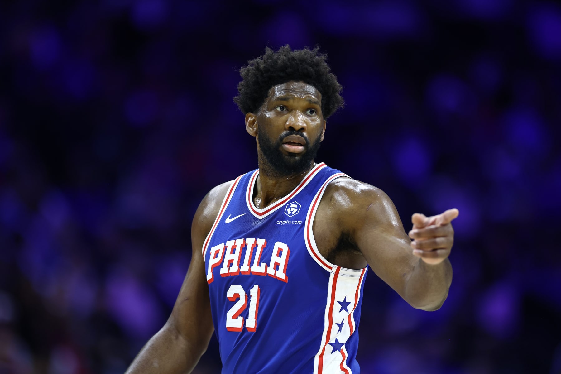 PHILADELPHIA, PENNSYLVANIA - NOVEMBER 06: Joel Embiid #21 of the Philadelphia 76ers reacts during the first quarter against the Washington Wizards at the Wells Fargo Center on November 06, 2023 in Philadelphia, Pennsylvania. NOTE TO USER: User expressly acknowledges and agrees that, by downloading and or using this photograph, User is consenting to the terms and conditions of the Getty Images License Agreement. (Photo by Tim Nwachukwu/Getty Images)
