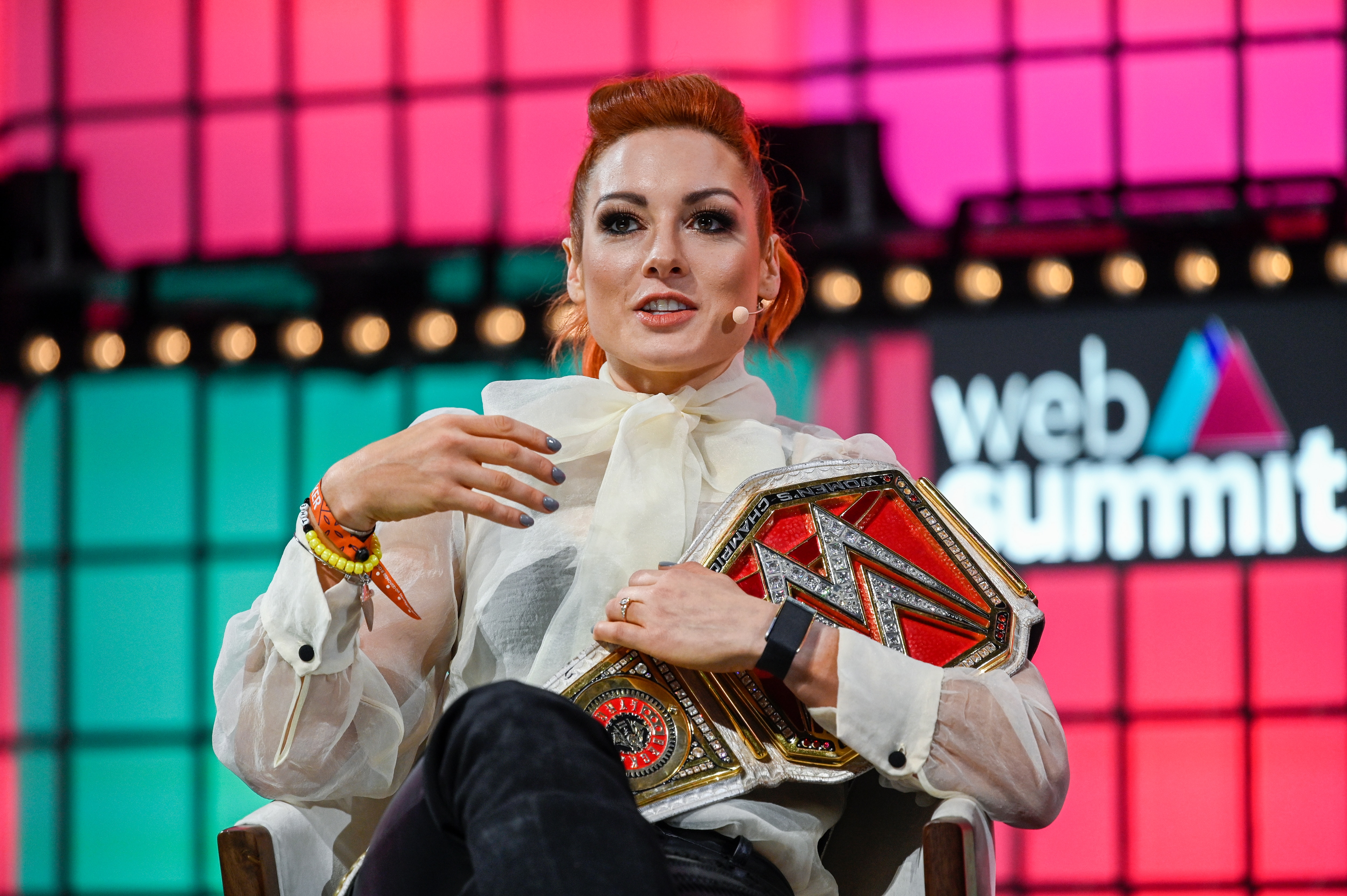 LISBON, PORTUGAL - NOVEMBER 07: Becky Lynch, WWE Superstar, WWE, speaks on "She’s 'The Man': How superstar Becky Lynch came to dominate the WWE" at Center Stage of Web Summit in Altice Arena on November 07, 2019 in Lisbon, Portugal. Web Summit is an annual technology conference which brings together a variety of technology companies to discuss the future of industry. This year’s event runs from November 4- 7 and is expected to attract around 70,000 participants.  (Photo by Horacio Villalobos#Corbis/Corbis via Getty Images)