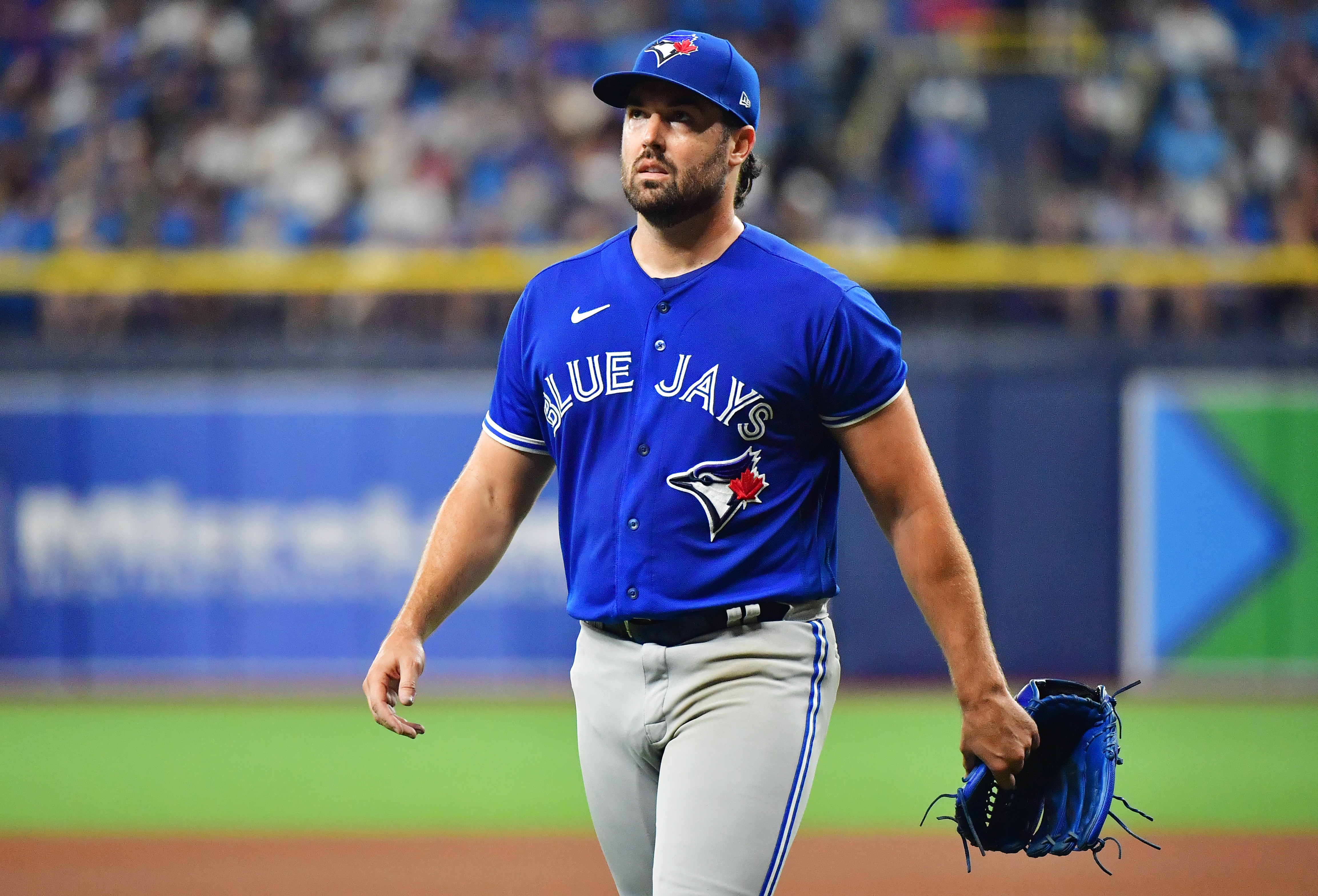ST PETERSBURG, FLORIDA - SEPTEMBER 20: Robbie Ray #38 of the Toronto Blue Jays looks on after the fourth inning against the Tampa Bay Rays at Tropicana Field on September 20, 2021 in St Petersburg, Florida. (Photo by Julio Aguilar/Getty Images)