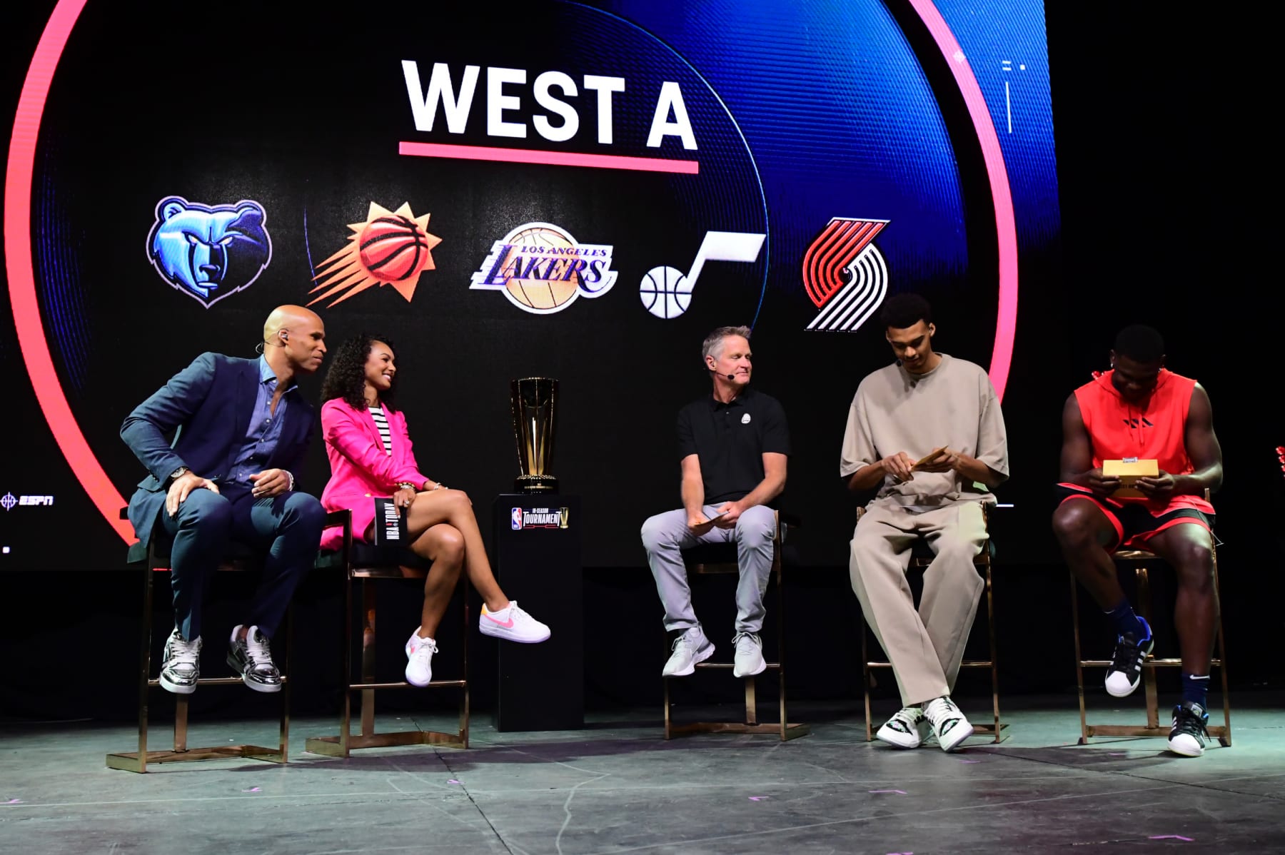 LAS VEGAS, NV - JULY 8: Richard Jefferson and Malika Andrews of NBA Today with Steve Kerr, Victor Wembanyama and Anthony Edwards announces the launch for the In Season Tournament at NBA Con as part of the 2023 Las Vegas Summer League on July 8, 2023 at the Mandalay Convention Center in Las Vegas, Nevada. NOTE TO USER: User expressly acknowledges and agrees that, by downloading and/or using this Photograph, user is consenting to the terms and conditions of the Getty Images License Agreement. Mandatory Copyright Notice: Copyright 2023 NBAE (Photo by Tom O'Connor/NBAE via Getty Images)