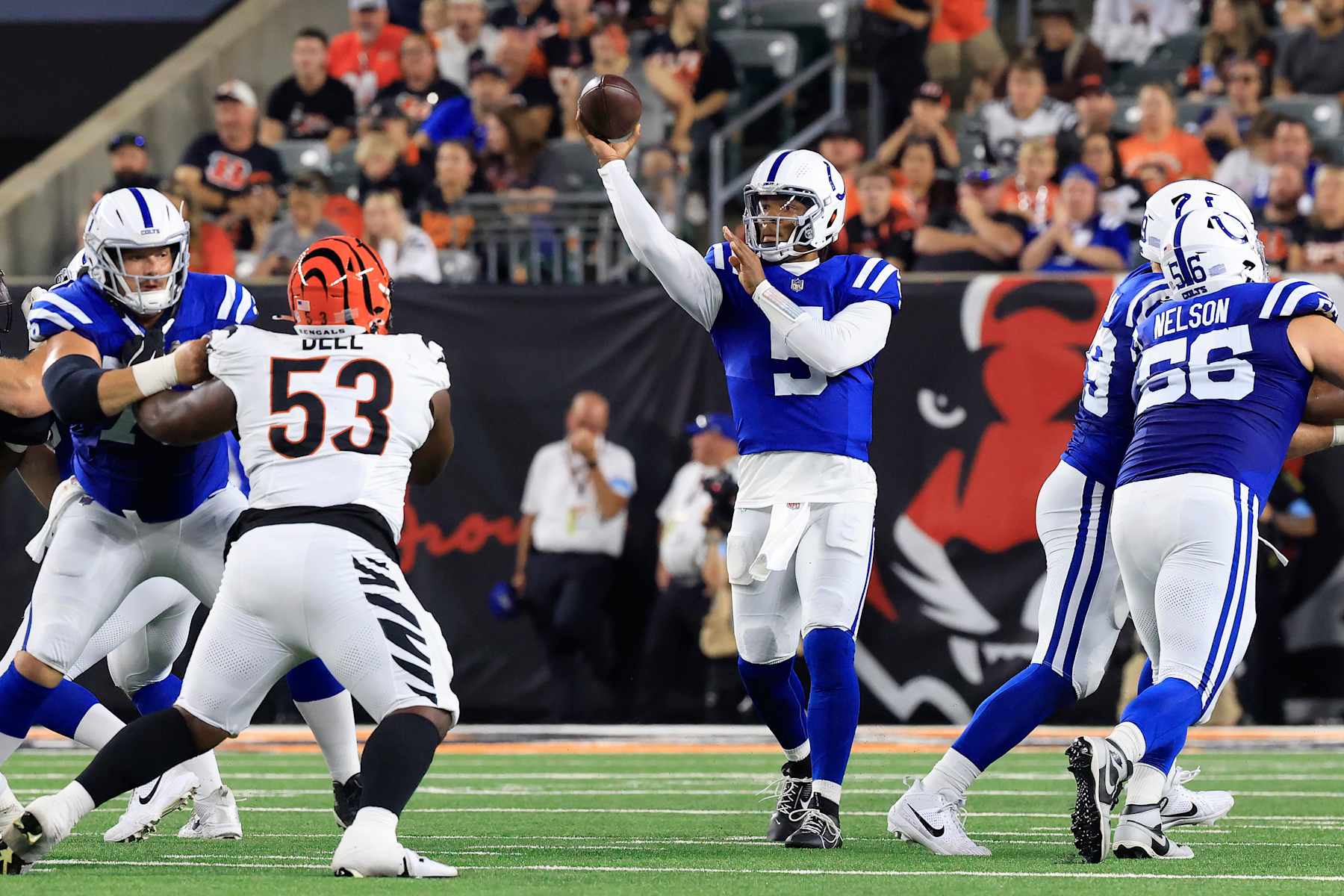 Indianapolis Colts quarterback Anthony Richardson attempts a pass against the Cincinnati Bengals. 