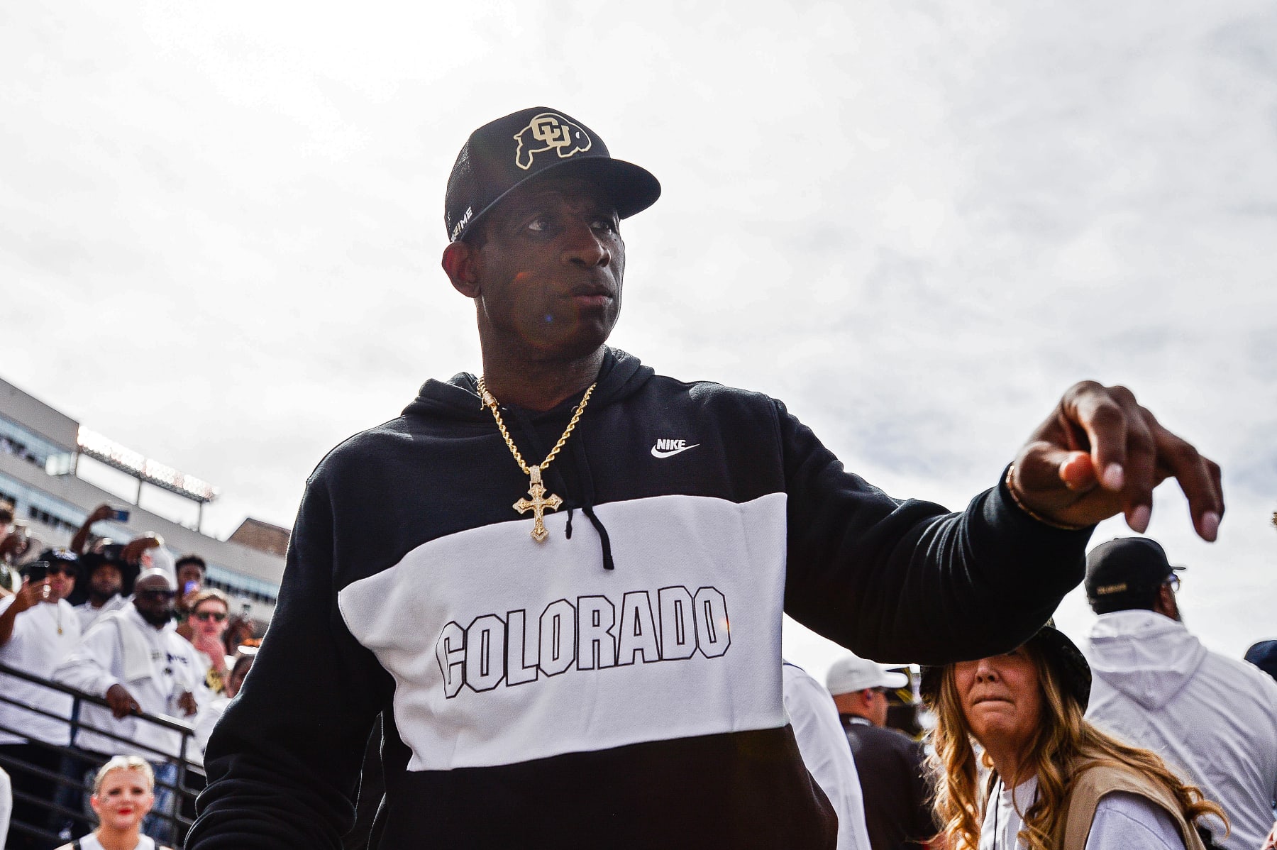 BOULDER, CO - SEPTEMBER 30:  Head coach Deion Sanders of the Colorado Buffaloes walks off the field at halftime of a game against the USC Trojans at Folsom Field on September 30, 2023 in Boulder, Colorado. (Photo by Dustin Bradford/Getty Images)