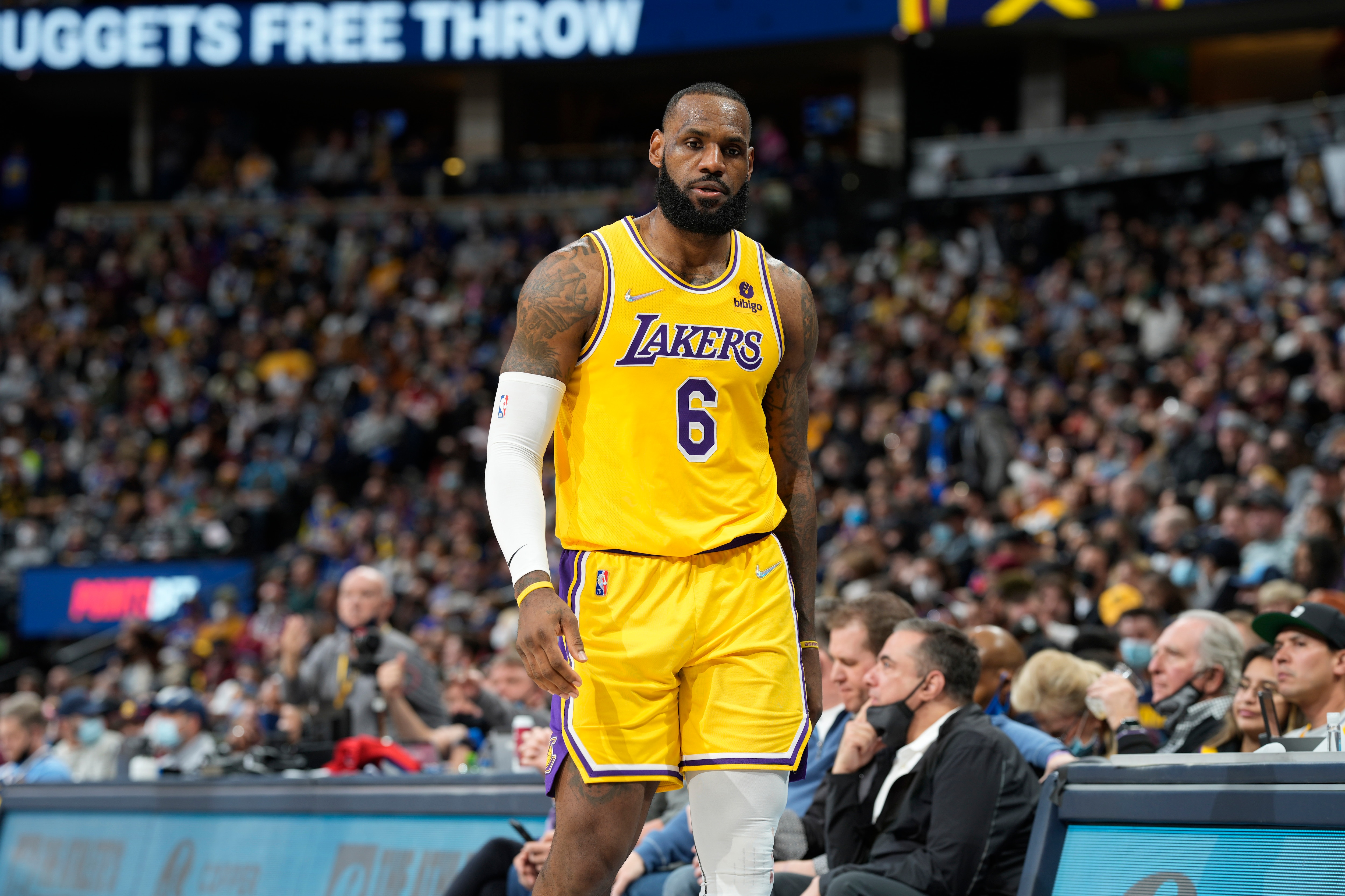 Los Angeles Lakers forward LeBron James (6) in the second half of an NBA basketball game Saturday Jan. 15, 2022, in Denver. The Nuggets won 133-96. (AP Photo/David Zalubowski)
