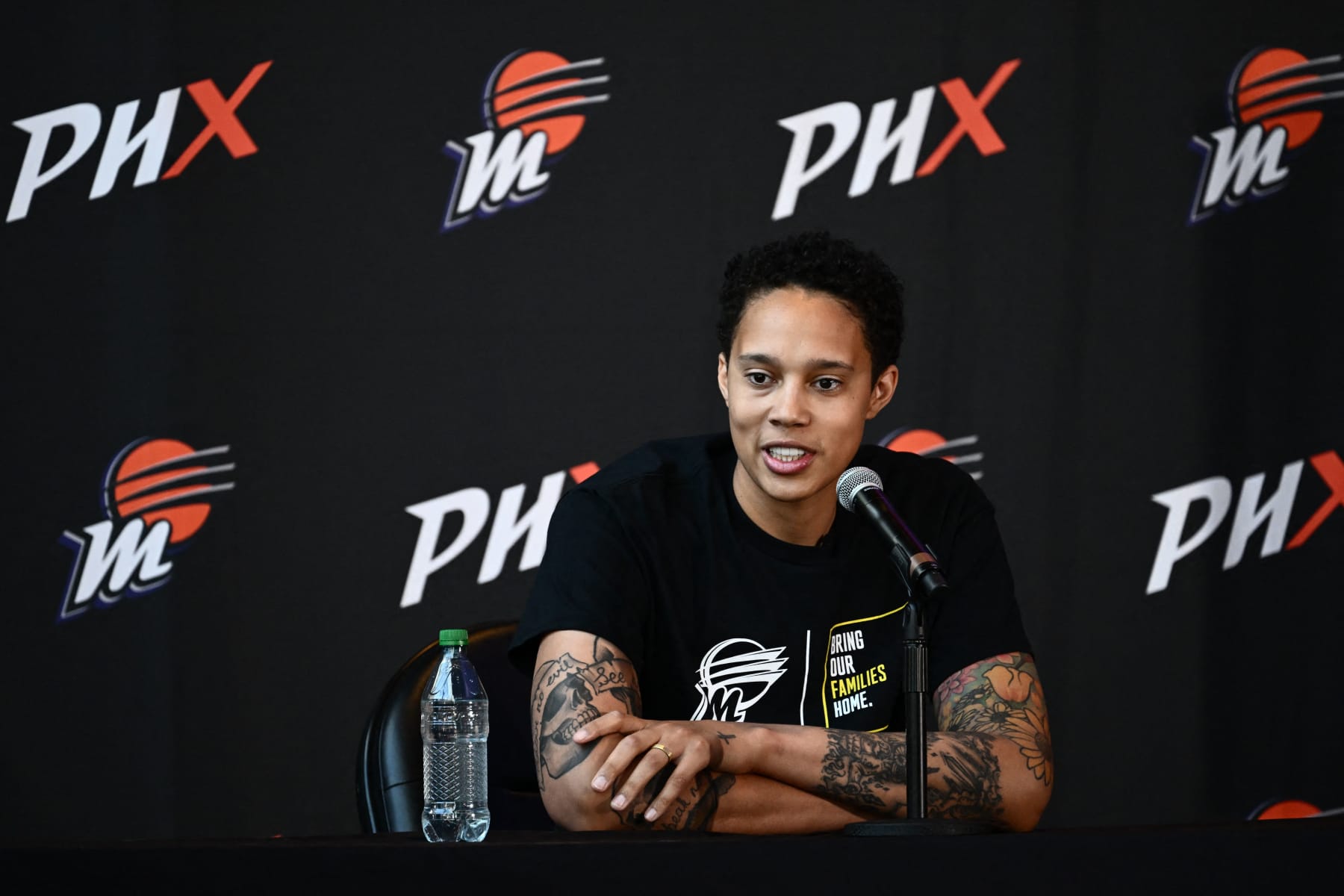 US basketball player Brittney Griner, of the Phoenix Mercury, speaks during a news conference at the Footprint Center in Phoenix, Arizona on April 27, 2023. (Photo by Patrick T. Fallon / AFP) (Photo by PATRICK T. FALLON/AFP via Getty Images)