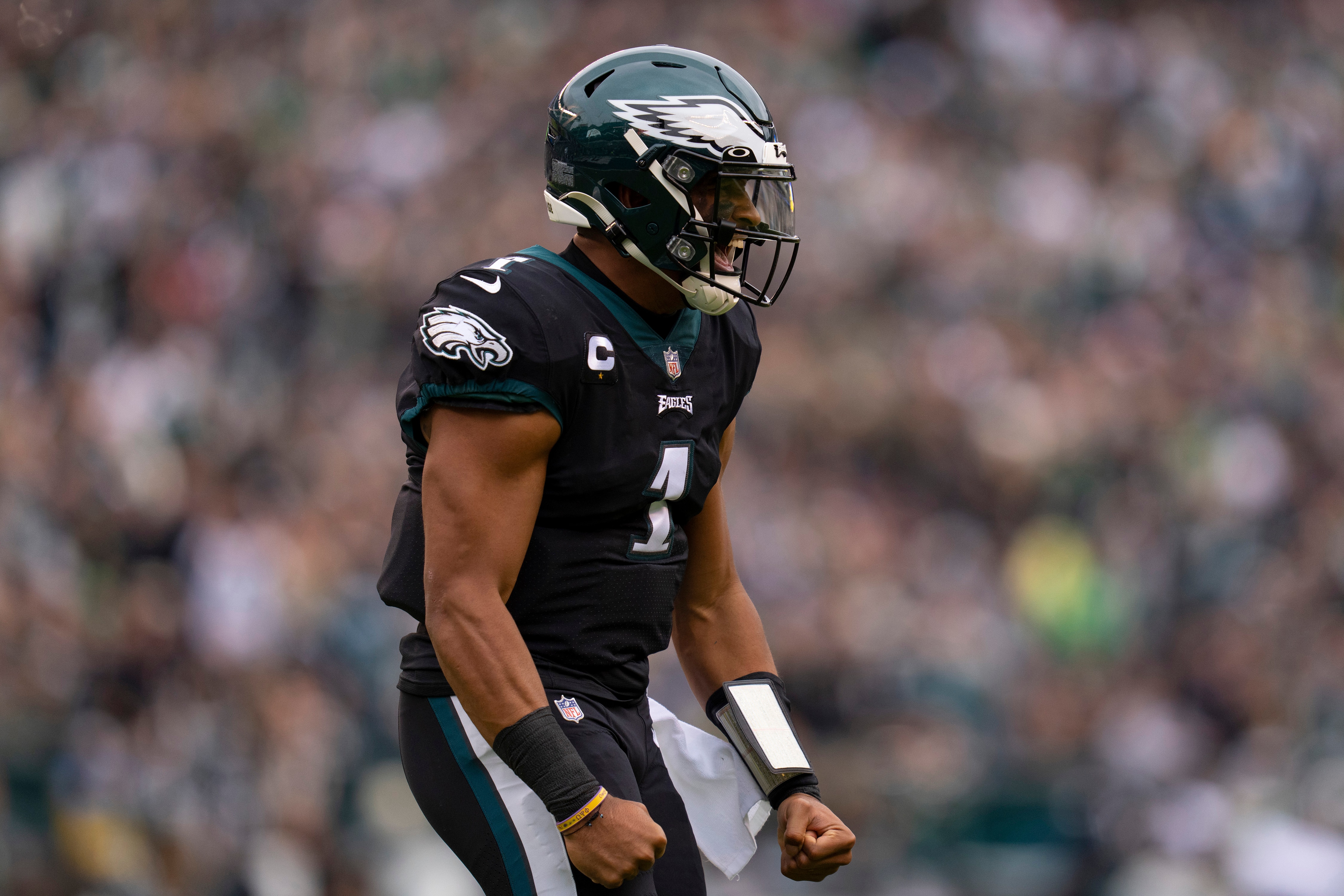PHILADELPHIA, PA - NOVEMBER 21: Jalen Hurts #1 of the Philadelphia Eagles reacts after a touchdown against the New Orleans Saints at Lincoln Financial Field on November 21, 2021 in Philadelphia, Pennsylvania. (Photo by Mitchell Leff/Getty Images)