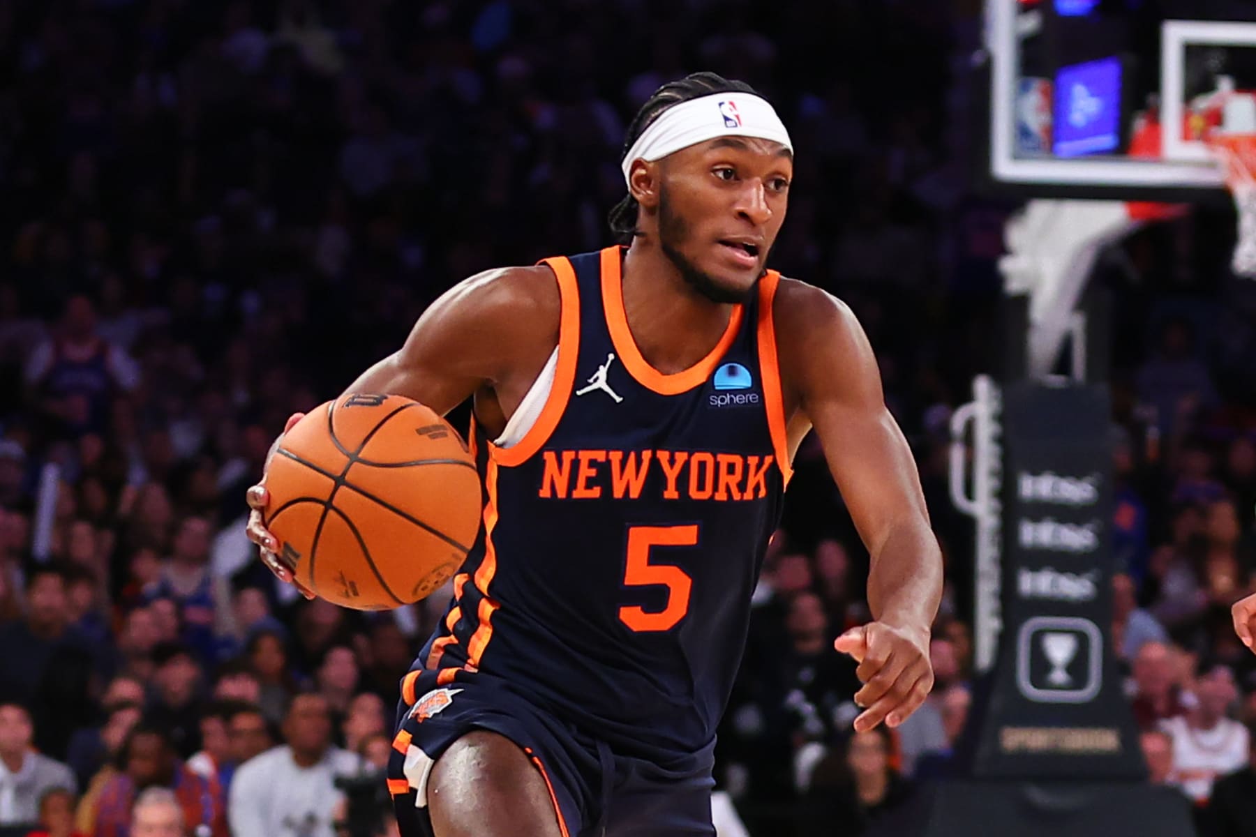NEW YORK, NY - NOVEMBER 26:  Immanuel Quickley #5 of the New York Knicks during the game against the Phoenix Suns at Madison Square Garden on November 26, 2023 in New York City.  NOTE TO USER: User expressly acknowledges and agrees that, by downloading and or using this photograph, User is consenting to the terms and conditions of the Getty Images License Agreement. (Photo by Rich Graessle/Getty Images)