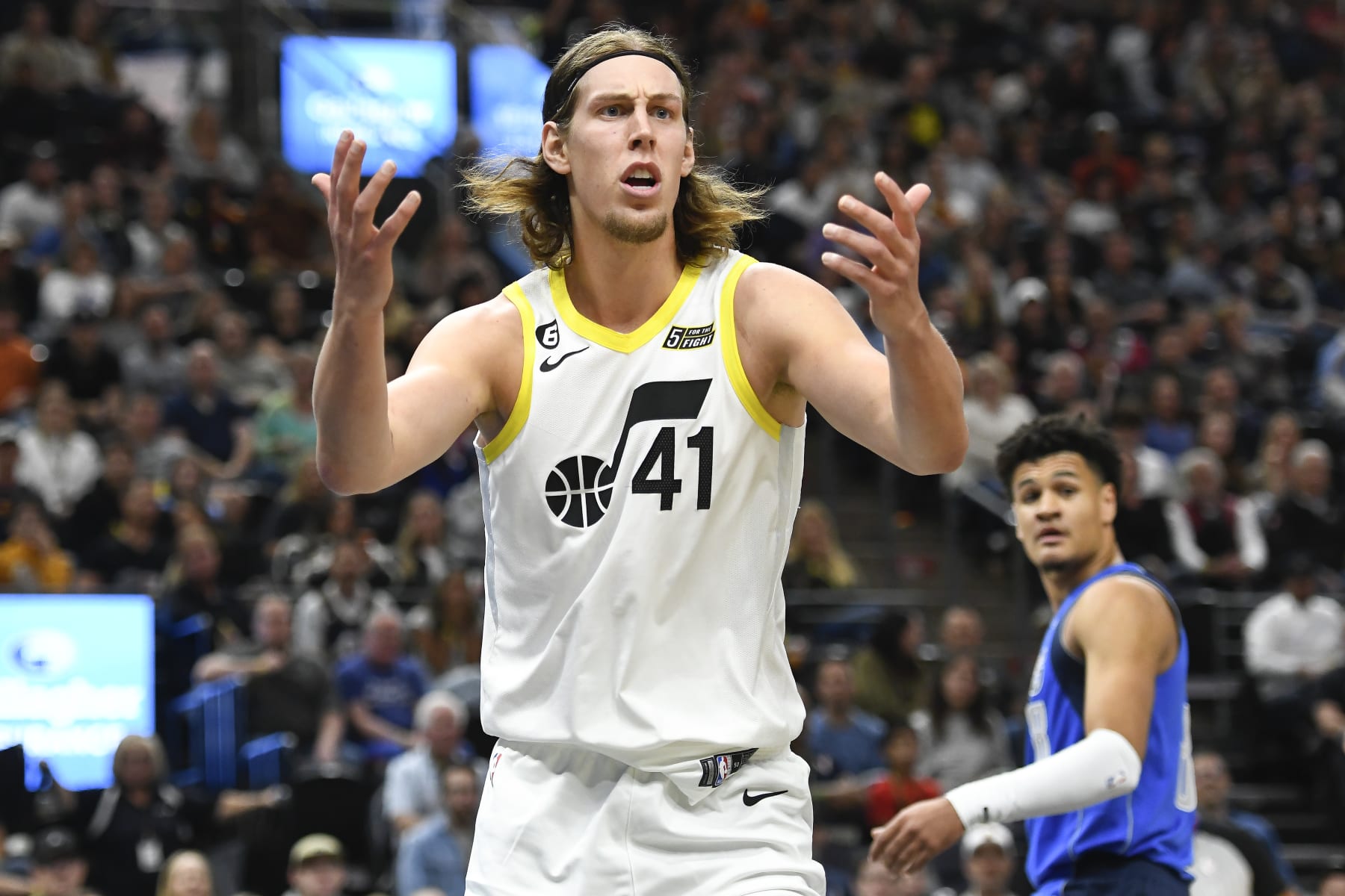 SALT LAKE CITY, UTAH - OCTOBER 14:  Kelly Olynyk #41 of the Utah Jazz in action during a preseason game against the Dallas Mavericks at Vivint Arena on October 14, 2022 in Salt Lake City, Utah. NOTE TO USER: User expressly acknowledges and agrees that, by downloading and or using this photograph, User is consenting to the terms and conditions of the Getty Images License Agreement. (Photo by Alex Goodlett/Getty Images)