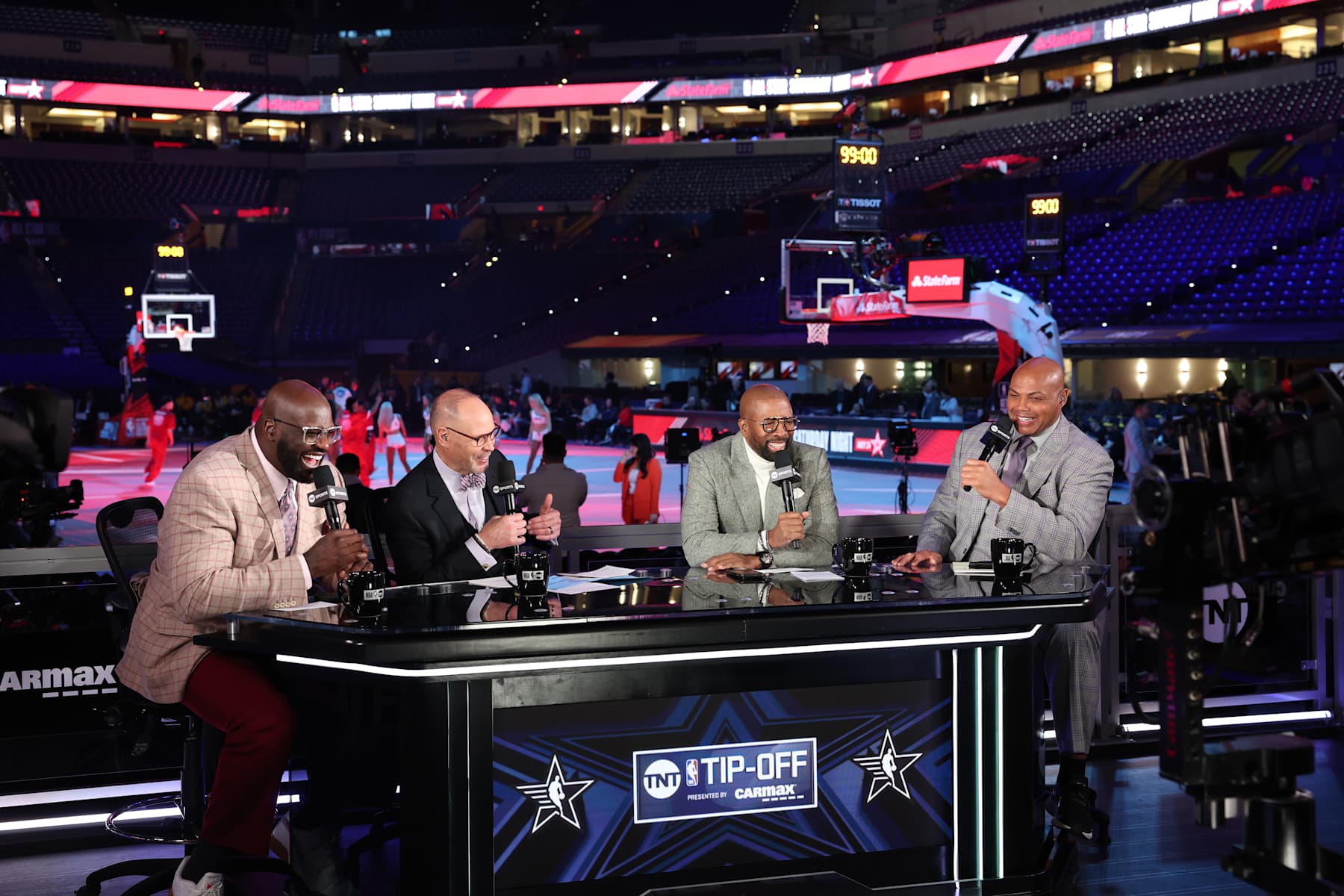 INDIANAPOLIS, IN - FEBRUARY 17: Shaquille O'Neal, Ernie Johnson, Kenny Smith and Charles Barkley from TNT talk as a part of State Farm All-Star Saturday Night on Saturday, February 17, 2024 at Lucas Oil Stadium in Indianapolis, Indiana. NOTE TO USER: User expressly acknowledges and agrees that, by downloading and/or using this Photograph, user is consenting to the terms and conditions of the Getty Images License Agreement. Mandatory Copyright Notice: Copyright 2024 NBAE (Photo by Brandon Todd/NBAE via Getty Images)
