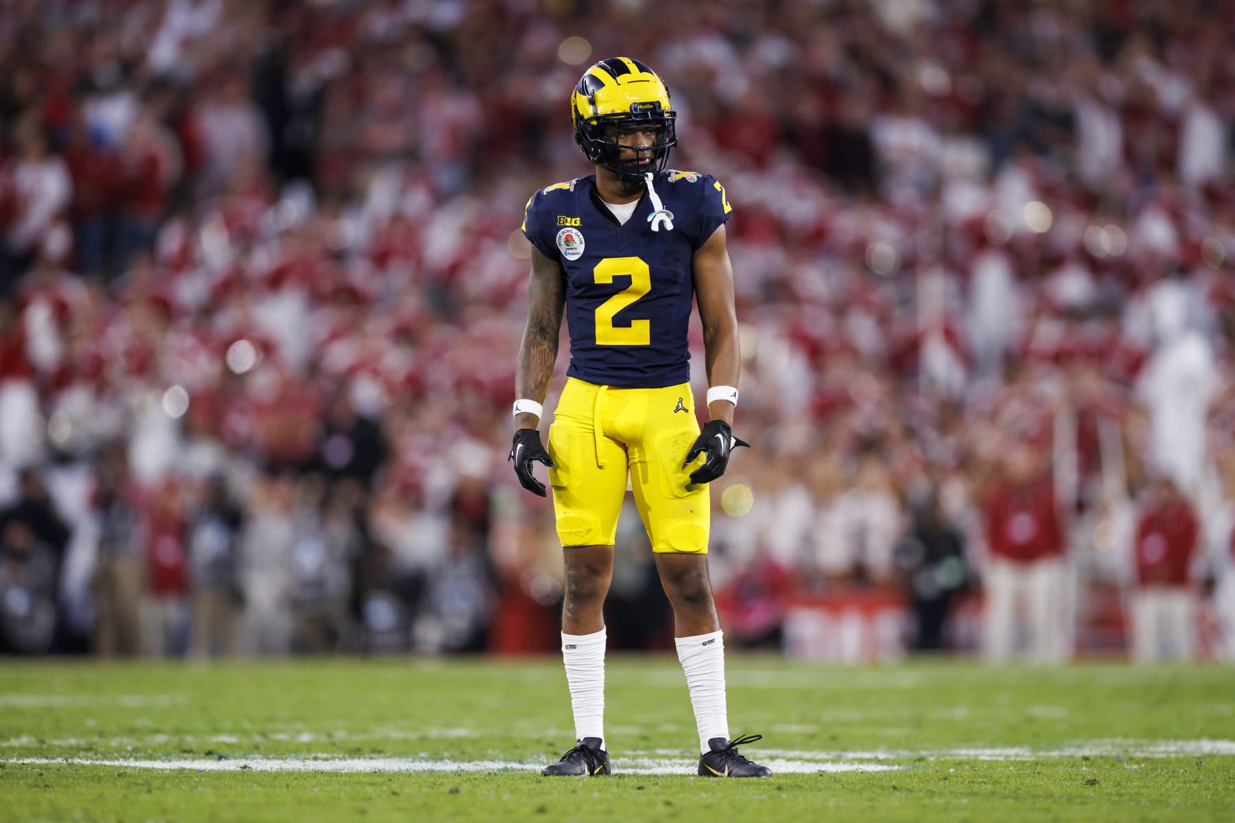 PASADENA, CALIFORNIA - JANUARY 01: Defensive back Will Johnson #2 of the Michigan Wolverines defends in coverage during the CFP Semifinal Rose Bowl Game against the Alabama Crimson Tide at Rose Bowl Stadium on January 1, 2024 in Pasadena, California. (Photo by Ryan Kang/Getty Images)