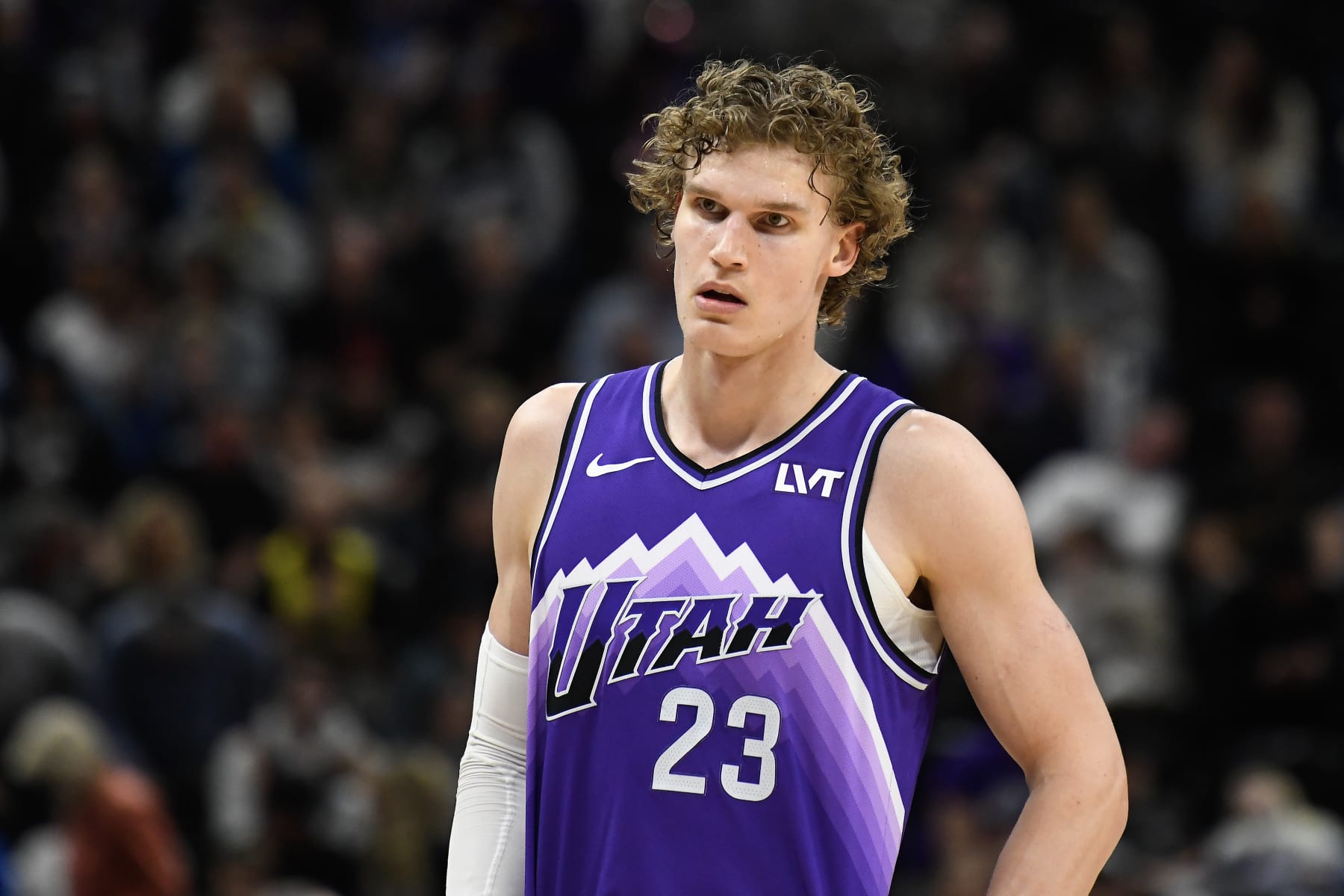 SALT LAKE CITY, UTAH - MARCH 18: Lauri Markkanen #23 of the Utah Jazz looks on during the second half of a game against the Minnesota Timberwolves at Delta Center on March 18, 2024 in Salt Lake City, Utah. NOTE TO USER: User expressly acknowledges and agrees that, by downloading and or using this photograph, User is consenting to the terms and conditions of the Getty Images License Agreement.  (Photo by Alex Goodlett/Getty Images)