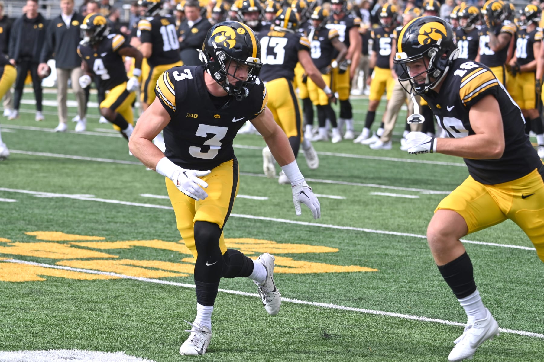 IOWA CITY, IA - OCTOBER 07: Iowa Hawkeyes left corner back Cooper DeJean (3) warms up  before a college football game between the Purdue Boilermakers and the Iowa Hawkeyes on October 07, 2023, at Kinnick Stadium in Iowa City, Ia. (Photo by Keith Gillett/Icon Sportswire via Getty Images)
