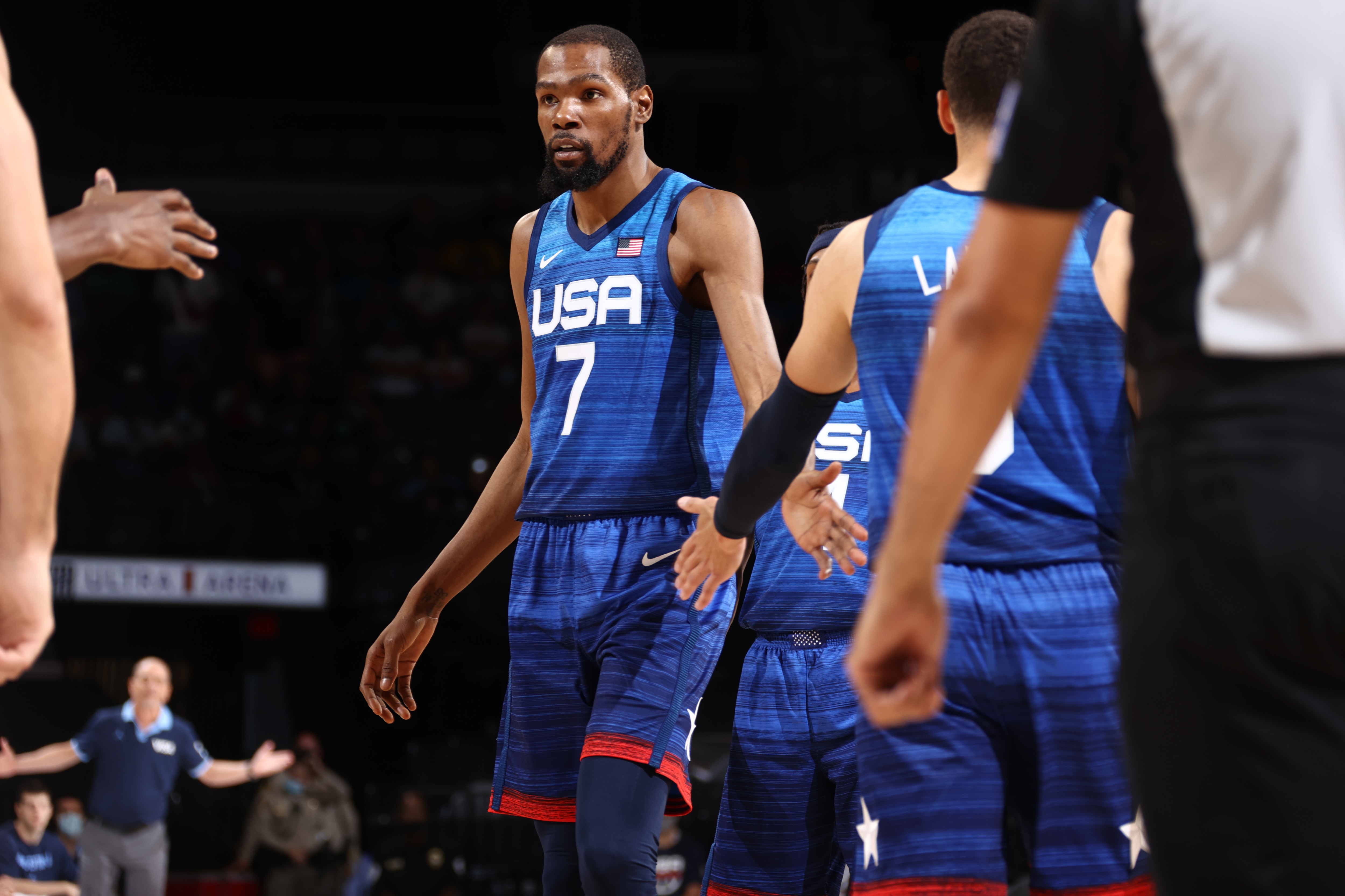 LAS VEGAS, NV - JULY 13: Kevin Durant #7 of the USA Men's National Team high fives Zach LaVine #5 of the USA Men's National Team during the game against the Argentina Men's National Team on July 13, 2021 at Michelob ULTRA Arena in Las Vegas, Nevada. NOTE TO USER: User expressly acknowledges and agrees that, by downloading and or using this photograph, User is consenting to the terms and conditions of the Getty Images License Agreement. (Photo by Ned Dishman/NBAE via Getty Images)