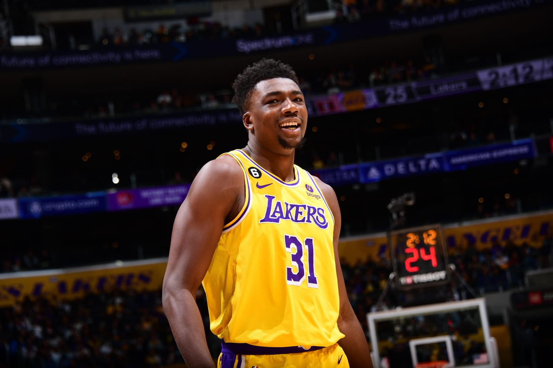 LOS ANGELES, CA - NOVEMBER 28: Thomas Bryant #31 of the Los Angeles Lakers smiles for photographer Adam Pantozzi during the game against the Indiana Pacers on November 28, 2022 at Crypto.Com Arena in Los Angeles, California. NOTE TO USER: User expressly acknowledges and agrees that, by downloading and/or using this Photograph, user is consenting to the terms and conditions of the Getty Images License Agreement. Mandatory Copyright Notice: Copyright 2022 NBAE (Photo by Adam Pantozzi/NBAE via Getty Images)