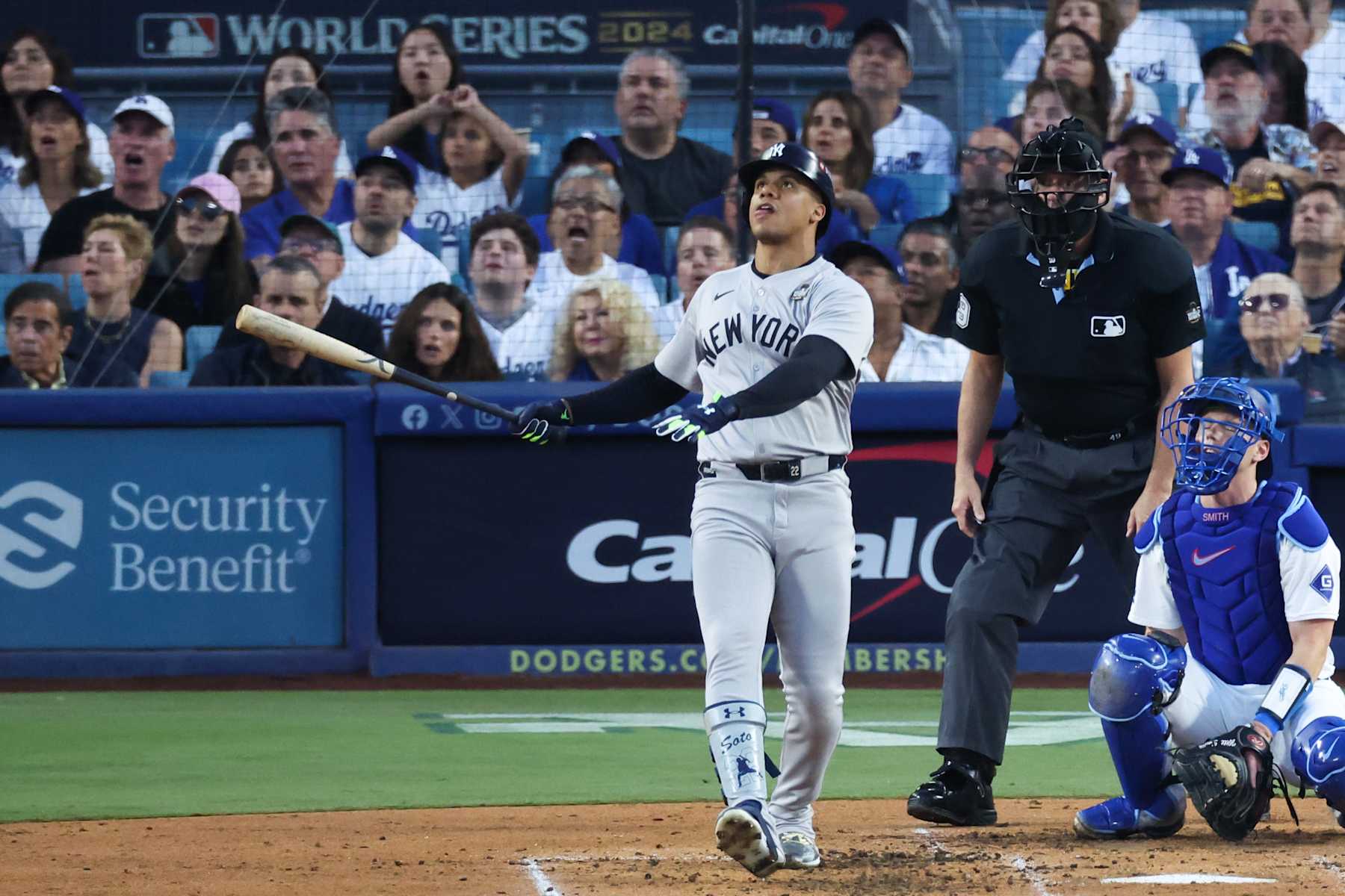 LOS ANGELES, CALIFORNIA - OCTOBER 26: Juan Soto #22 of the New York Yankees watches his home run against the Los Angeles Dodgers in the third inning during Game Two of the 2024 World Series at Dodger Stadium on October 26, 2024 in Los Angeles, California. (Photo by Steph Chambers/Getty Images)