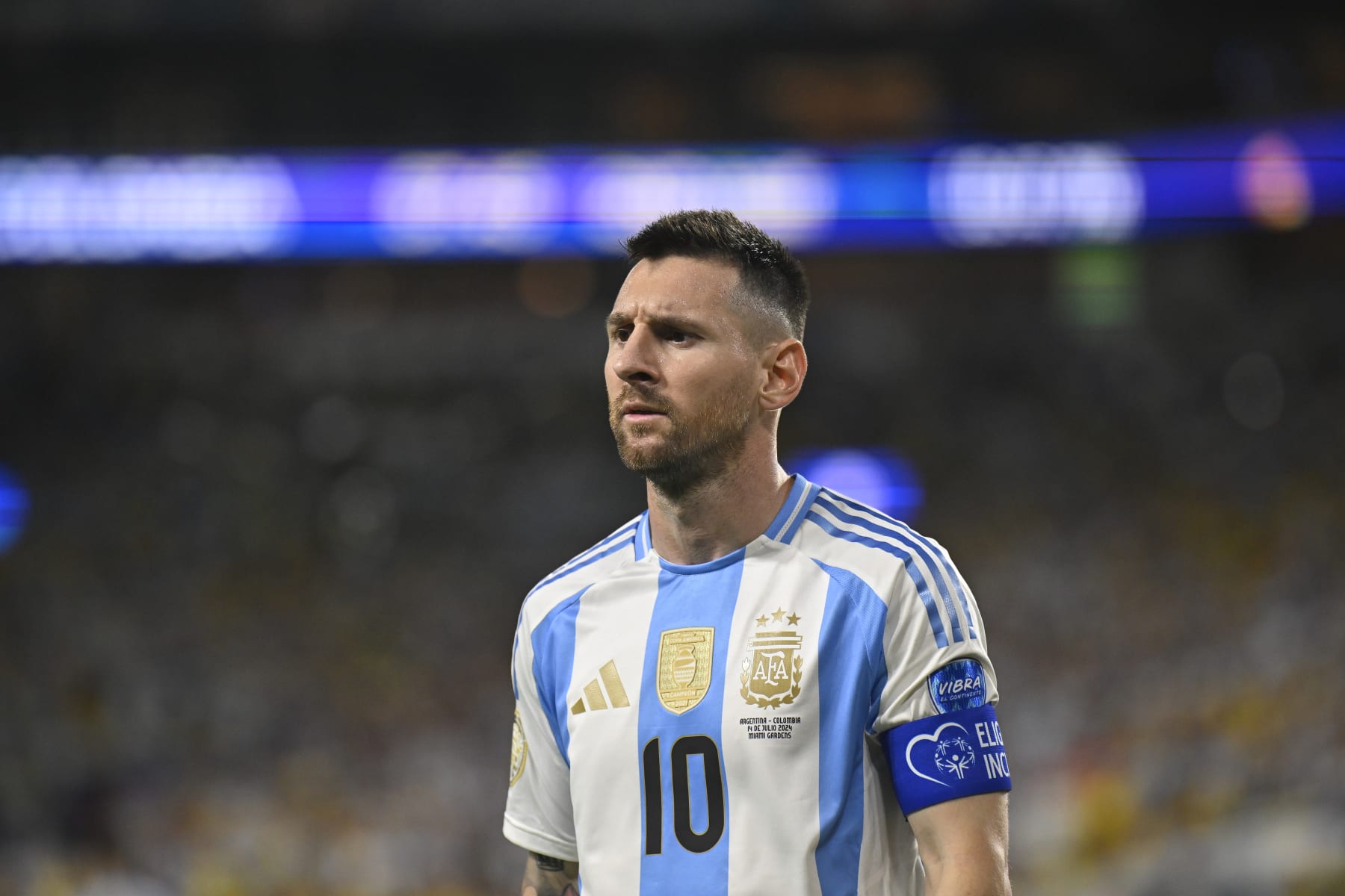 MIAMI GARDENS, FLORIDA - JULY 14: Leonel Messi (10) of Argentina gestures during the final match of Copa America between Argentina and Colombia at Hard Rock Stadium in Miami, Florida, United States on July 14, 2024. (Photo by Miguel J Rodriguez Carrillo/Anadolu via Getty Images)