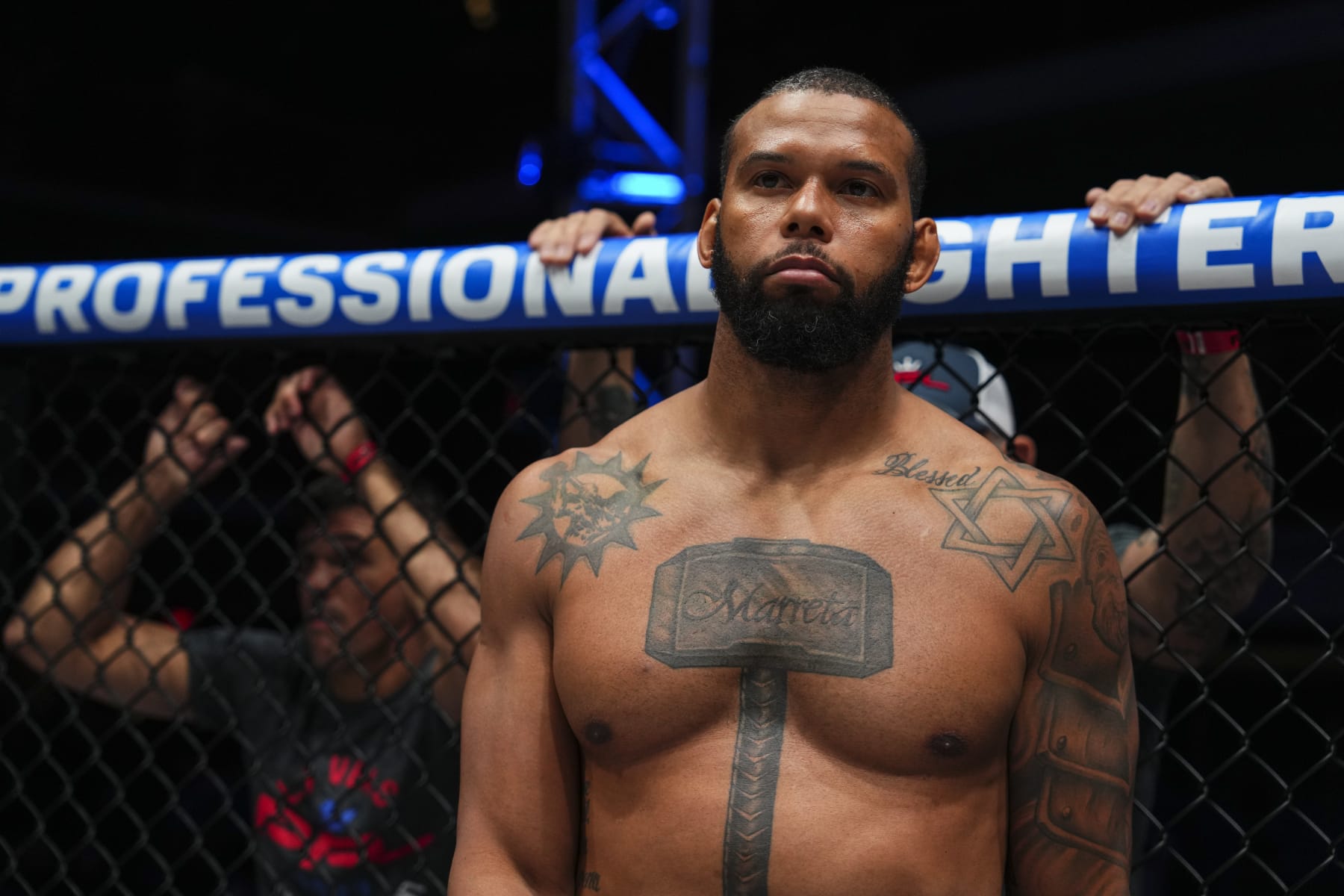 LAS VEGAS, NV - APRIL 01: Thiago Santos prepares to fight against Robert Wilkinson during the 2023 PFL 1 at The Theater at Virgin Hotels on April 1, 2023 in Las Vegas, Nevada. (Photo by Cooper Neill/Getty Images)