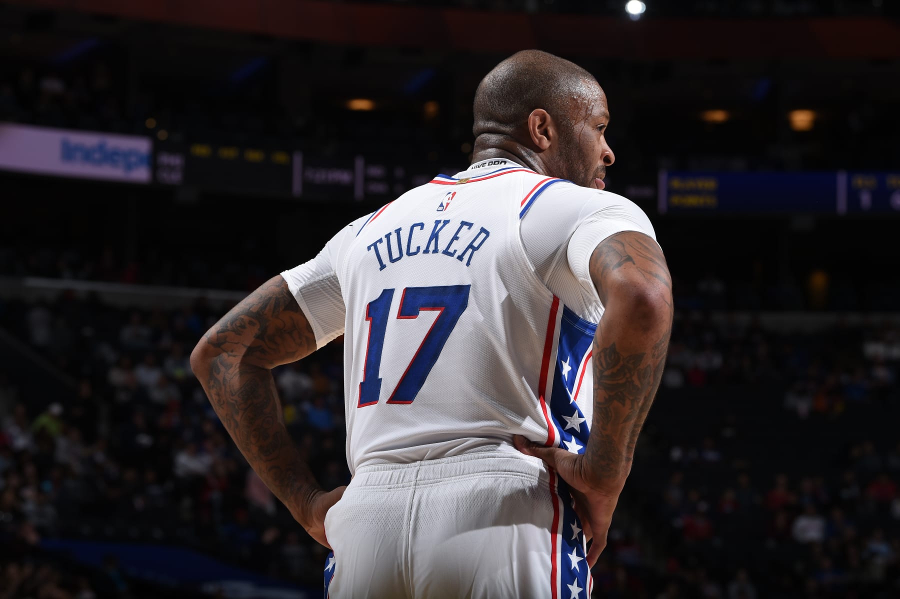 PHILADELPHIA, PA - OCTOBER 5: P.J. Tucker #17 of the Philadelphia 76ers looks on on October 5, 2022 at the Wells Fargo Center in Philadelphia, Pennsylvania NOTE TO USER: User expressly acknowledges and agrees that, by downloading and/or using this Photograph, user is consenting to the terms and conditions of the Getty Images License Agreement. Mandatory Copyright Notice: Copyright 2022 NBAE (Photo by David Dow/NBAE via Getty Images)