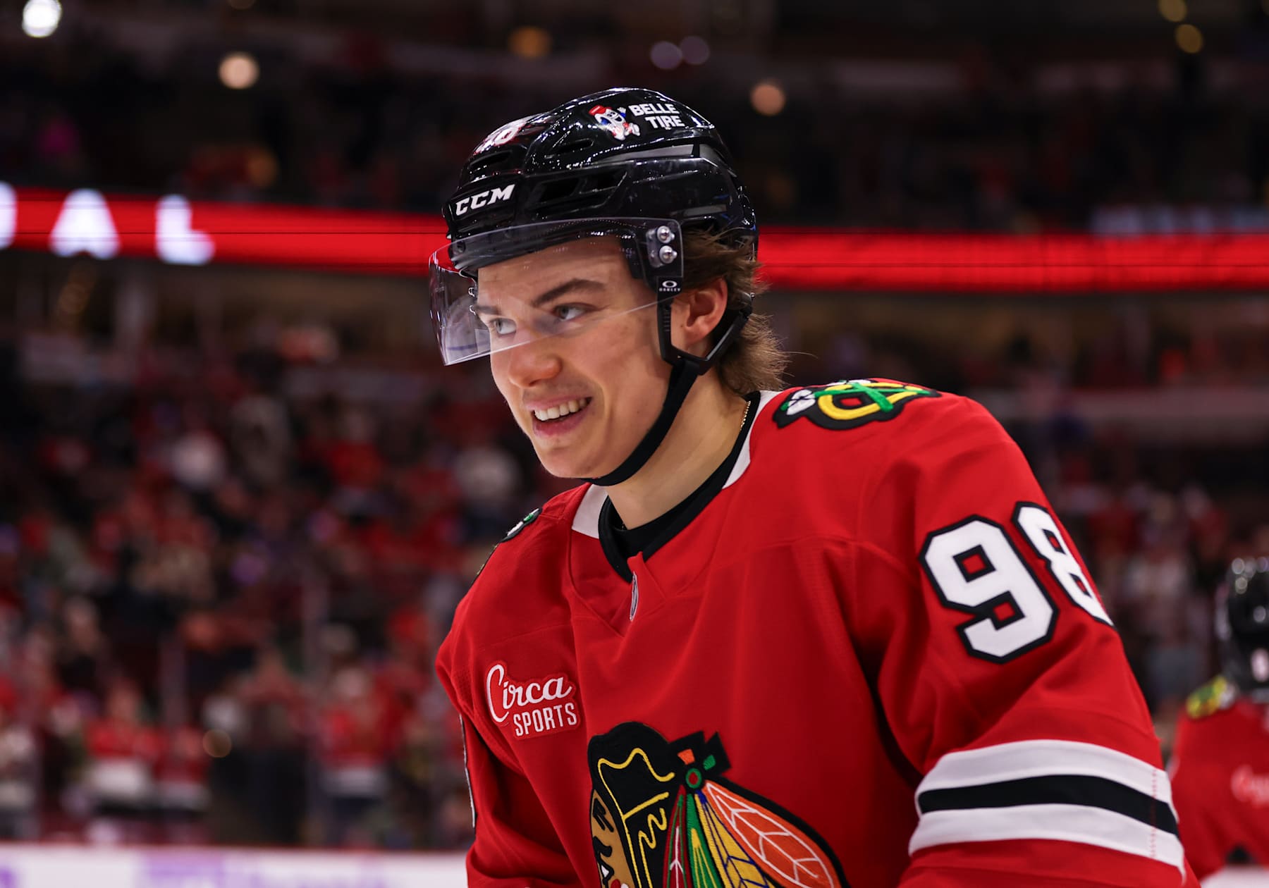 CHICAGO, IL - JANUARY 26: Connor Bedard #98 of the Chicago Blackhawks skates back to the bench after a Seth Jones #4 of the Chicago Blackhawks goal during the third period against the Minnesota Wild on January 26, 2025 at the United Center in Chicago, Illinois. (Photo by Melissa Tamez/Icon Sportswire via Getty Images)