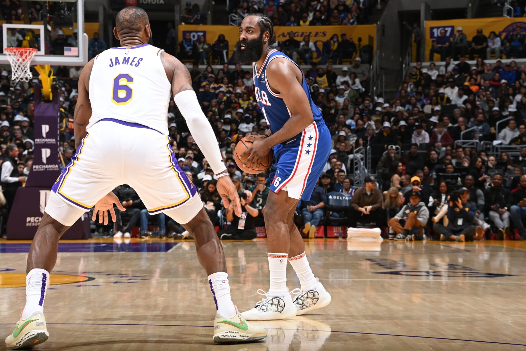 LOS ANGELES, CA - JANUARY 15: James Harden #1 of the Philadelphia 76ers dribbles the ball during the game against the Los Angeles Lakers on January 15, 2023 at Crypto.Com Arena in Los Angeles, California. NOTE TO USER: User expressly acknowledges and agrees that, by downloading and/or using this Photograph, user is consenting to the terms and conditions of the Getty Images License Agreement. Mandatory Copyright Notice: Copyright 2023 NBAE (Photo by Andrew D. Bernstein/NBAE via Getty Images)