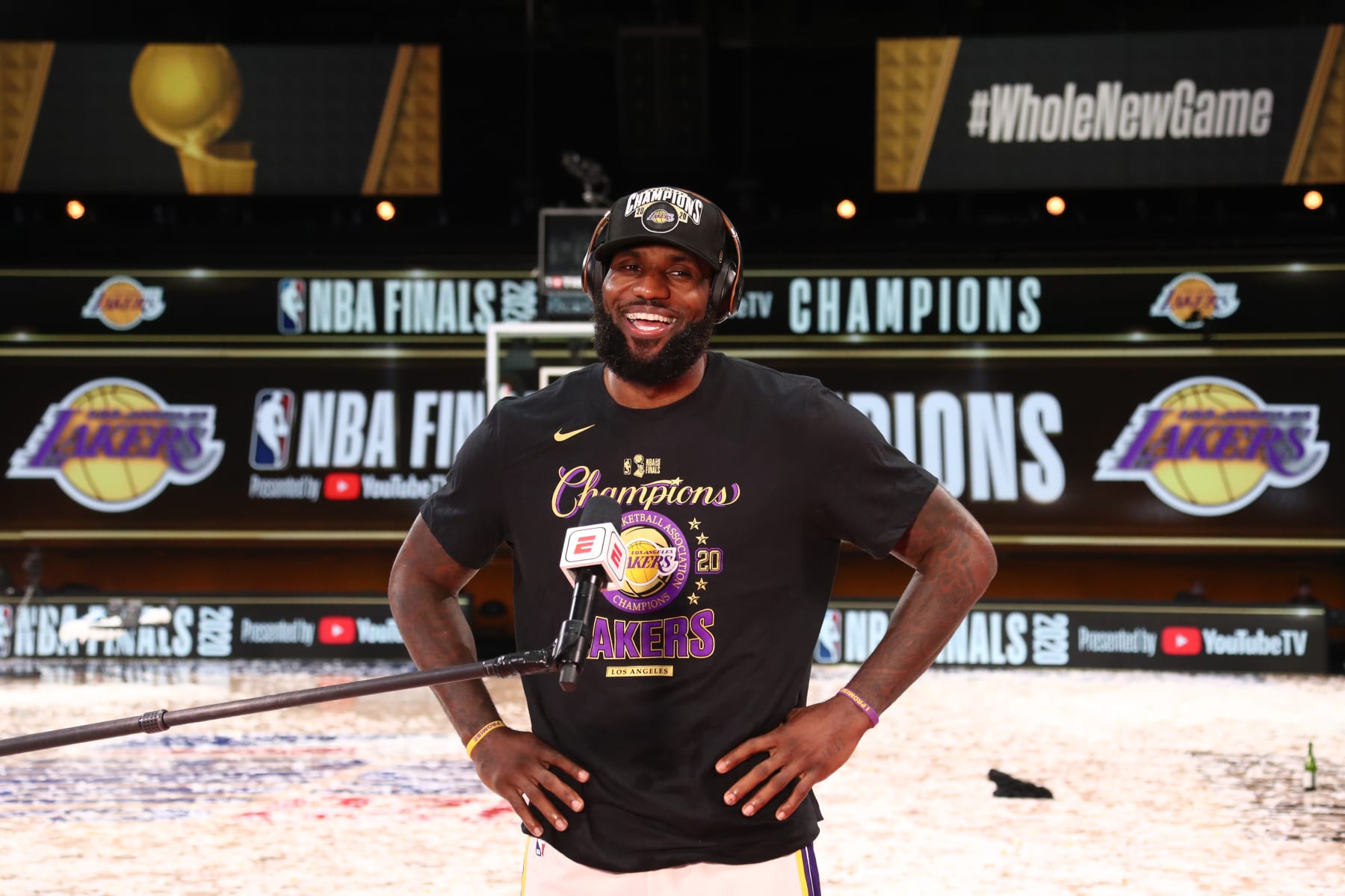 ORLANDO, FL - OCTOBER 11: LeBron James #23 of the Los Angeles Lakers talks with the media after winning Game Six of the NBA Finals on October 11, 2020 at AdventHealth Arena in Orlando, Florida. NOTE TO USER: User expressly acknowledges and agrees that, by downloading and/or using this Photograph, user is consenting to the terms and conditions of the Getty Images License Agreement. Mandatory Copyright Notice: Copyright 2020 NBAE (Photo by Nathaniel S. Butler/NBAE via Getty Images)