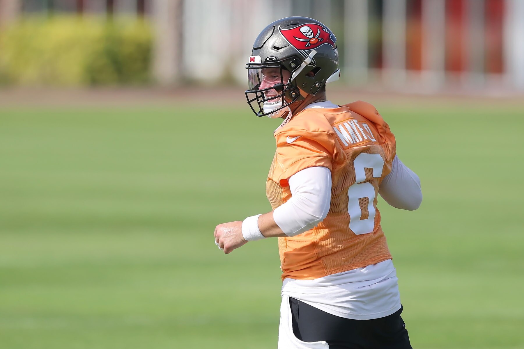 TAMPA, FL - JUN 15: Tampa Bay Buccaneers Quarterback Baker Mayfield (6) celebrates a victory as the quarterbacks play a quick soccer type game amongst themselves during the Tampa Bay Buccaneers Minicamp on June 15, 2023 at the AdventHealth Training Center at One Buccaneer Place in Tampa, Florida. (Photo by Cliff Welch/Icon Sportswire via Getty Images)