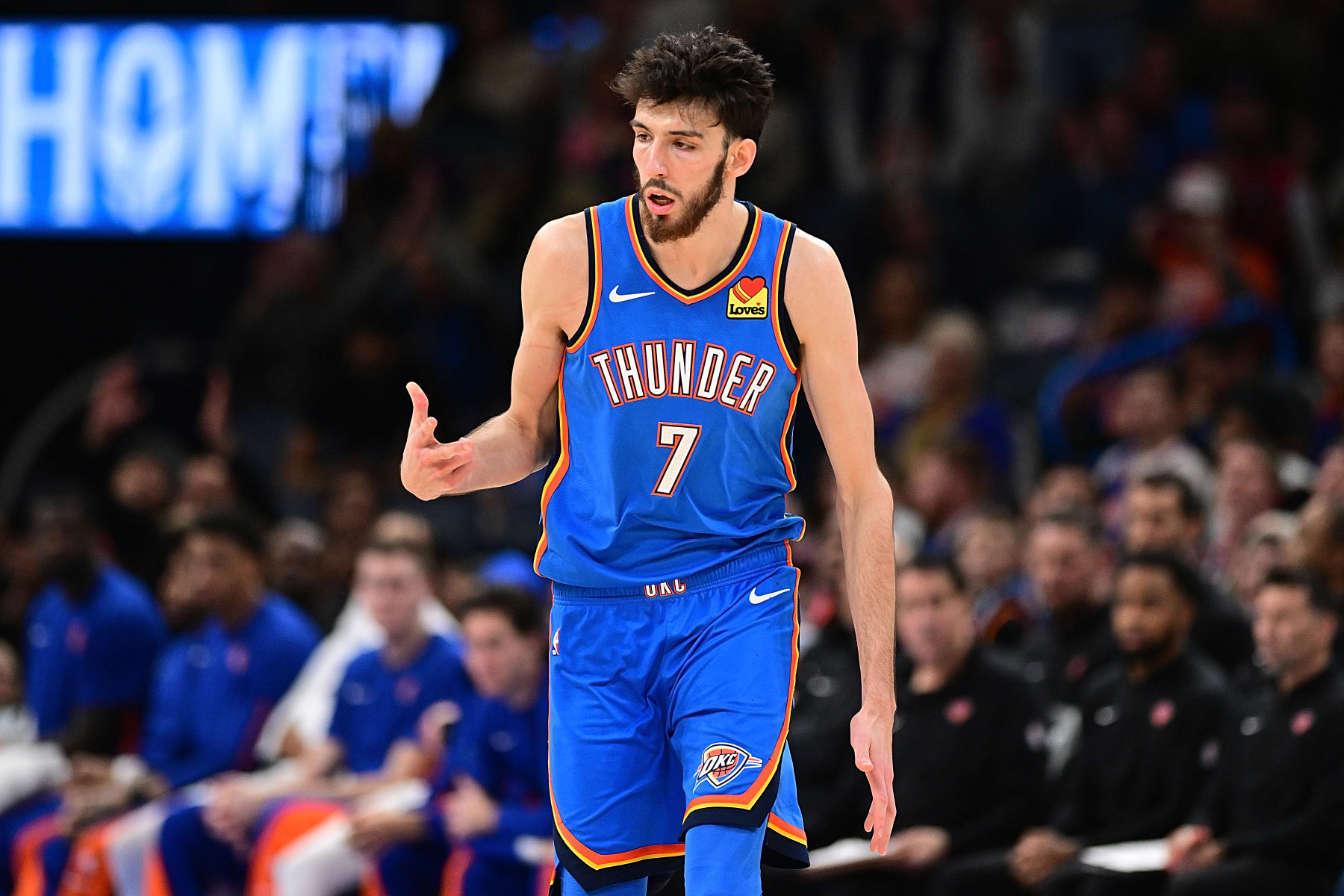 OKLAHOMA CITY, OKLAHOMA - DECEMBER 27: Chet Holmgren #7 of the Oklahoma City Thunder celebrates a made three point basket during the second half against the New York Knicks at Paycom Center on December 27, 2023 in Oklahoma City, Oklahoma. NOTE TO USER: User expressly acknowledges and agrees that, by downloading and or using this Photograph, user is consenting to the terms and conditions of the Getty Images License Agreement. (Photo by Joshua Gateley/Getty Images)