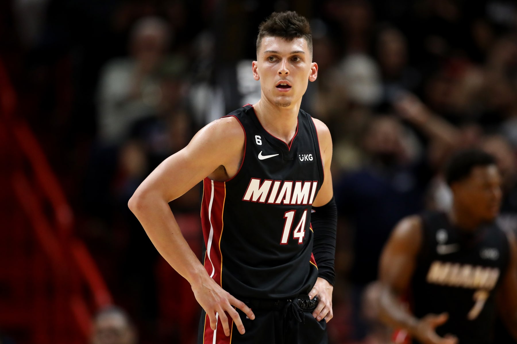 MIAMI, FLORIDA - OCTOBER 22: Tyler Herro #14 of the Miami Heat looks on during the third quarter of the game against the Toronto Raptors at FTX Arena on October 22, 2022 in Miami, Florida. NOTE TO USER: User expressly acknowledges and agrees that, by downloading and or using this photograph, User is consenting to the terms and conditions of the Getty Images License Agreement. (Photo by Megan Briggs/Getty Images)