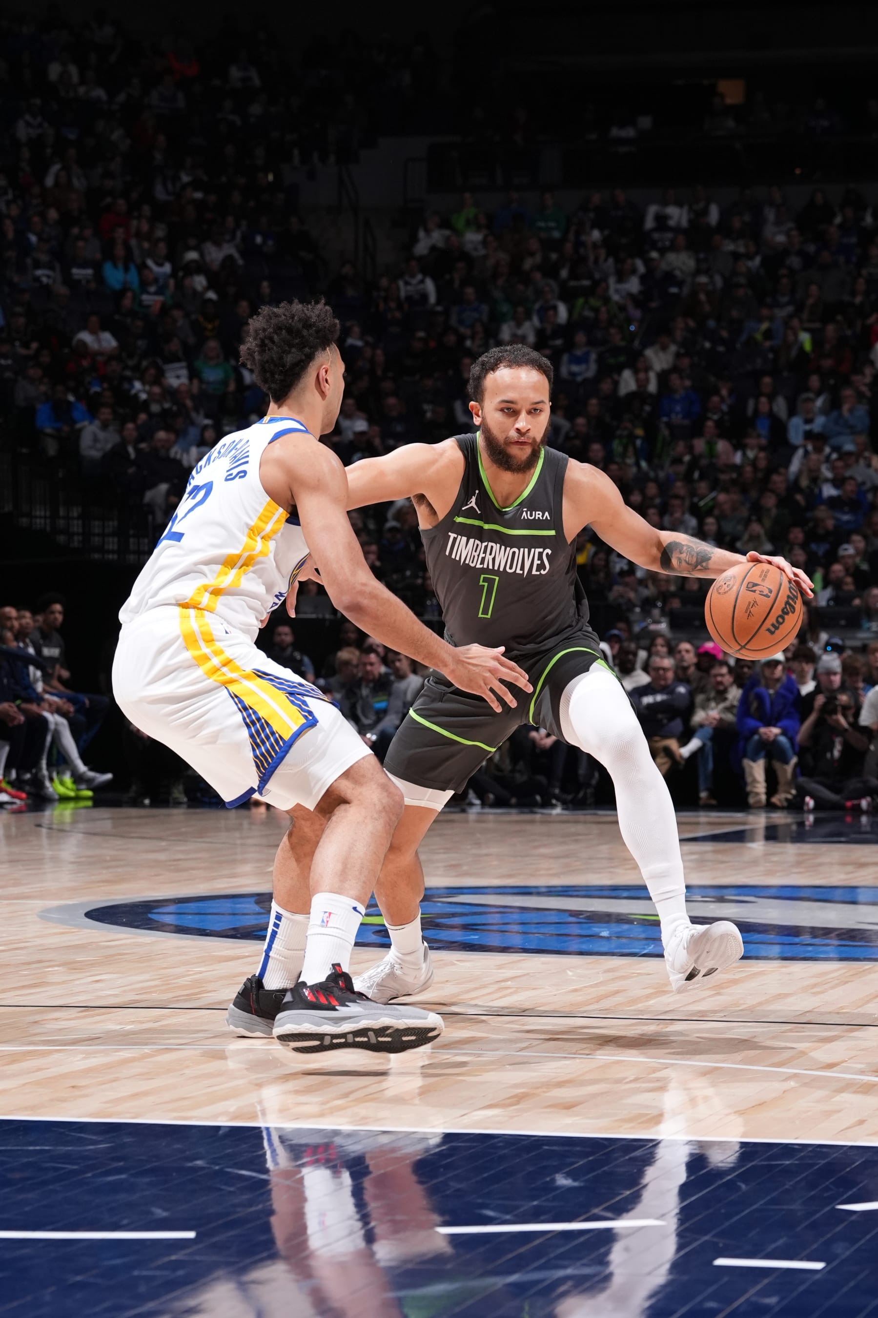 MINNEAPOLIS, MN -  MARCH 24: Kyle Anderson #1 of the Minnesota Timberwolves dribbles the ball during the game against the Golden State Warriors on March 24, 2024 at Target Center in Minneapolis, Minnesota. NOTE TO USER: User expressly acknowledges and agrees that, by downloading and or using this Photograph, user is consenting to the terms and conditions of the Getty Images License Agreement. Mandatory Copyright Notice: Copyright 2024 NBAE (Photo by Jordan Johnson/NBAE via Getty Images)