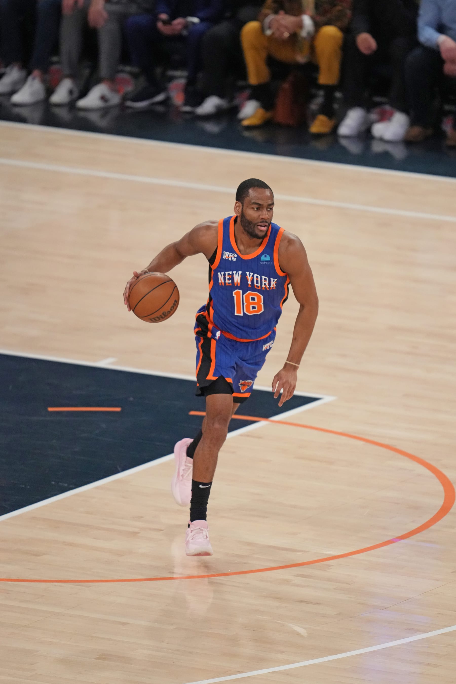 NEW YORK, NY - MAY 14: Alec Burks #18 of the New York Knicks dribbles the ball during the game against the Indiana Pacers during Round 2 Game 5 of the 2024 NBA Playoffs on May 14, 2024 at Madison Square Garden in New York City, New York.  NOTE TO USER: User expressly acknowledges and agrees that, by downloading and or using this photograph, User is consenting to the terms and conditions of the Getty Images License Agreement. Mandatory Copyright Notice: Copyright 2024 NBAE  (Photo by Jesse D. Garrabrant/NBAE via Getty Images)