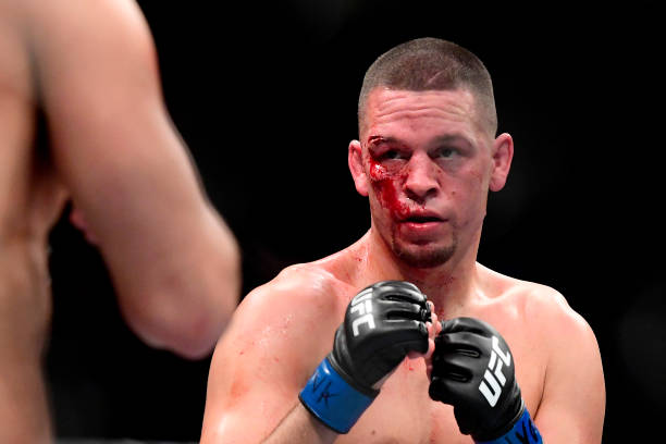 NEW YORK, NEW YORK - NOVEMBER 02: Nate Diaz of the United States fights against Jorge Masvidal (not pictured) of the United States in the Welterweight "BMF" championship bout during UFC 244 at Madison Square Garden on November 02, 2019 in New York City. (Photo by Steven Ryan/Getty Images)